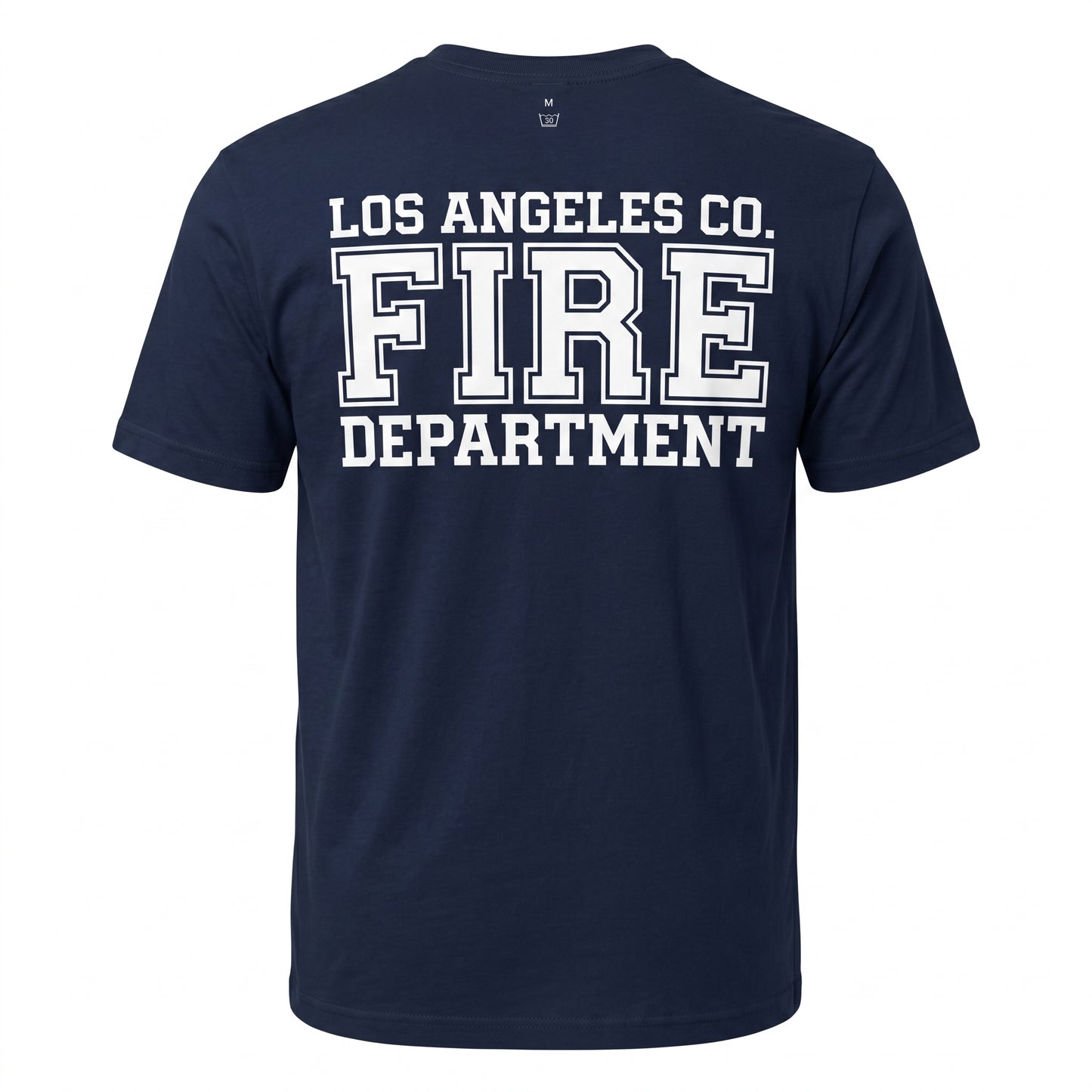 Los Angeles County Fire Department DFND men's short sleeve navy shirt, back view with large LACoFD logo across the shoulders