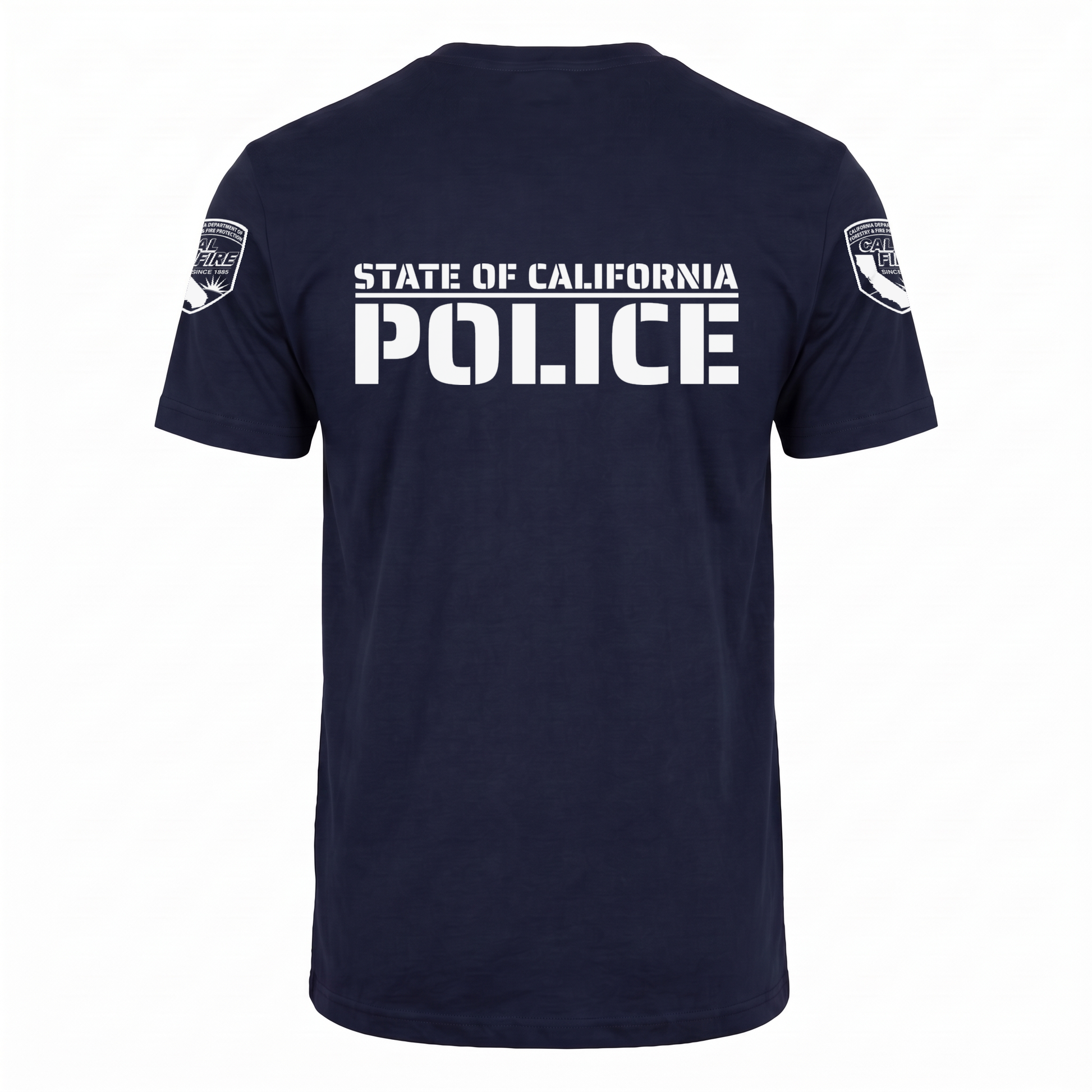 Back of the navy DFND flame-resistant short-sleeve CAL FIRE Law Enforcement shirt showing the large white STATE OF CALIFORNIA over POLICE print, with a CAL FIRE shield on each shoulder