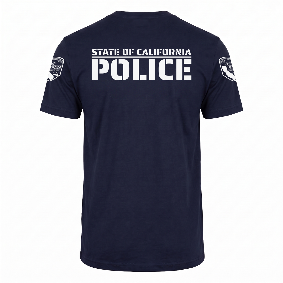 Back of the navy DFND flame-resistant short-sleeve CAL FIRE Law Enforcement shirt showing the large white STATE OF CALIFORNIA over POLICE print, with a CAL FIRE shield on each shoulder