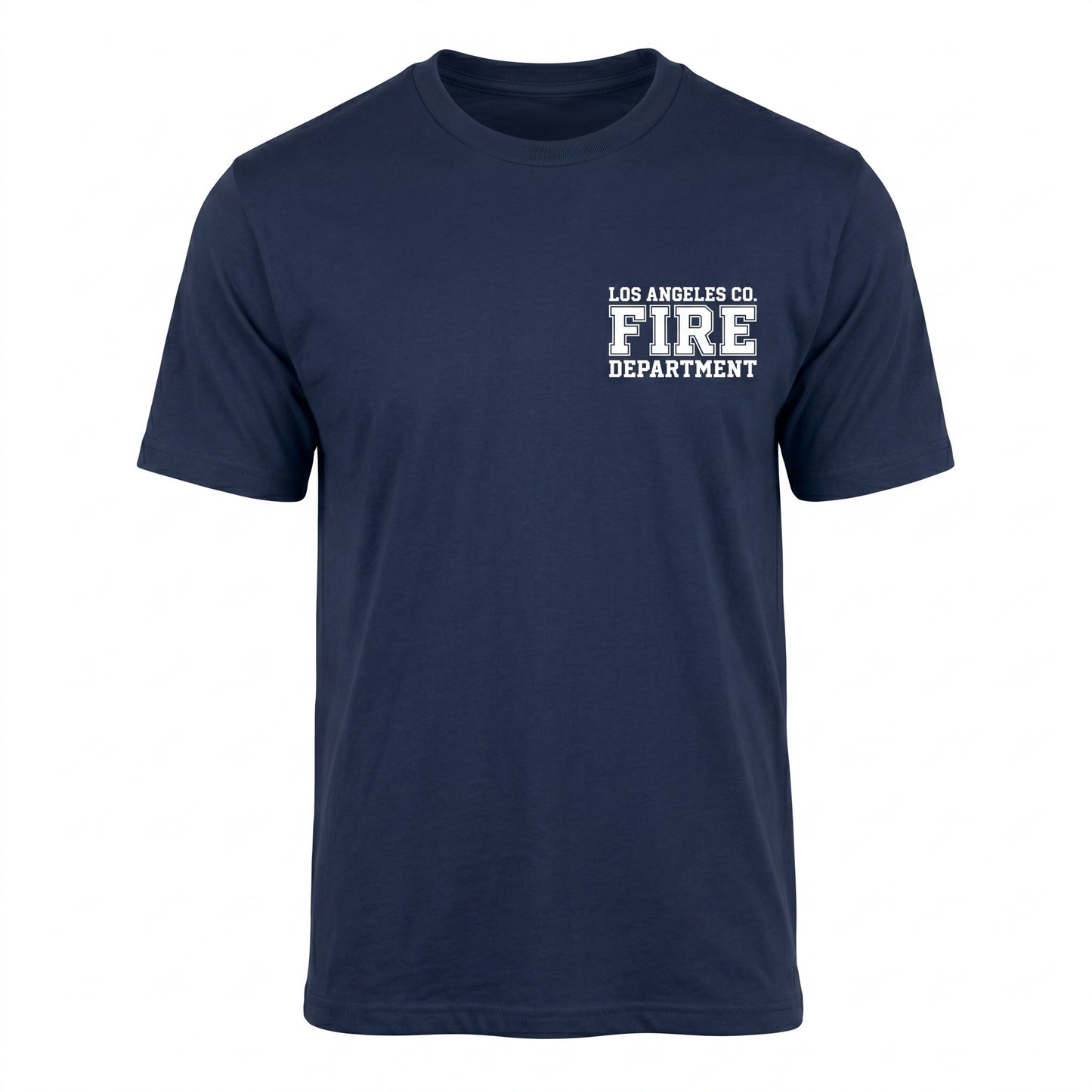 Los Angeles County Fire Department DFND men's short sleeve navy shirt, front view with left chest LACoFD logo