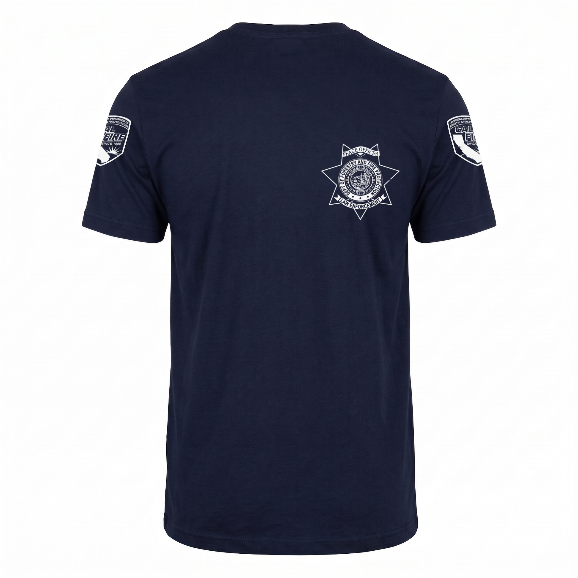 Navy DFND flame-resistant short-sleeve CAL FIRE Law Enforcement shirt, front view, with the white CAL FIRE Peace Officer seven-point star badge on the left chest and a CAL FIRE shield on each shoulder