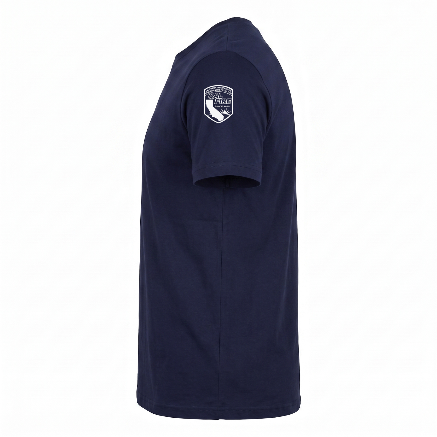 Side profile of the navy DFND flame-resistant short-sleeve CAL FIRE Law Enforcement shirt showing the CAL FIRE shield printed on the shoulder