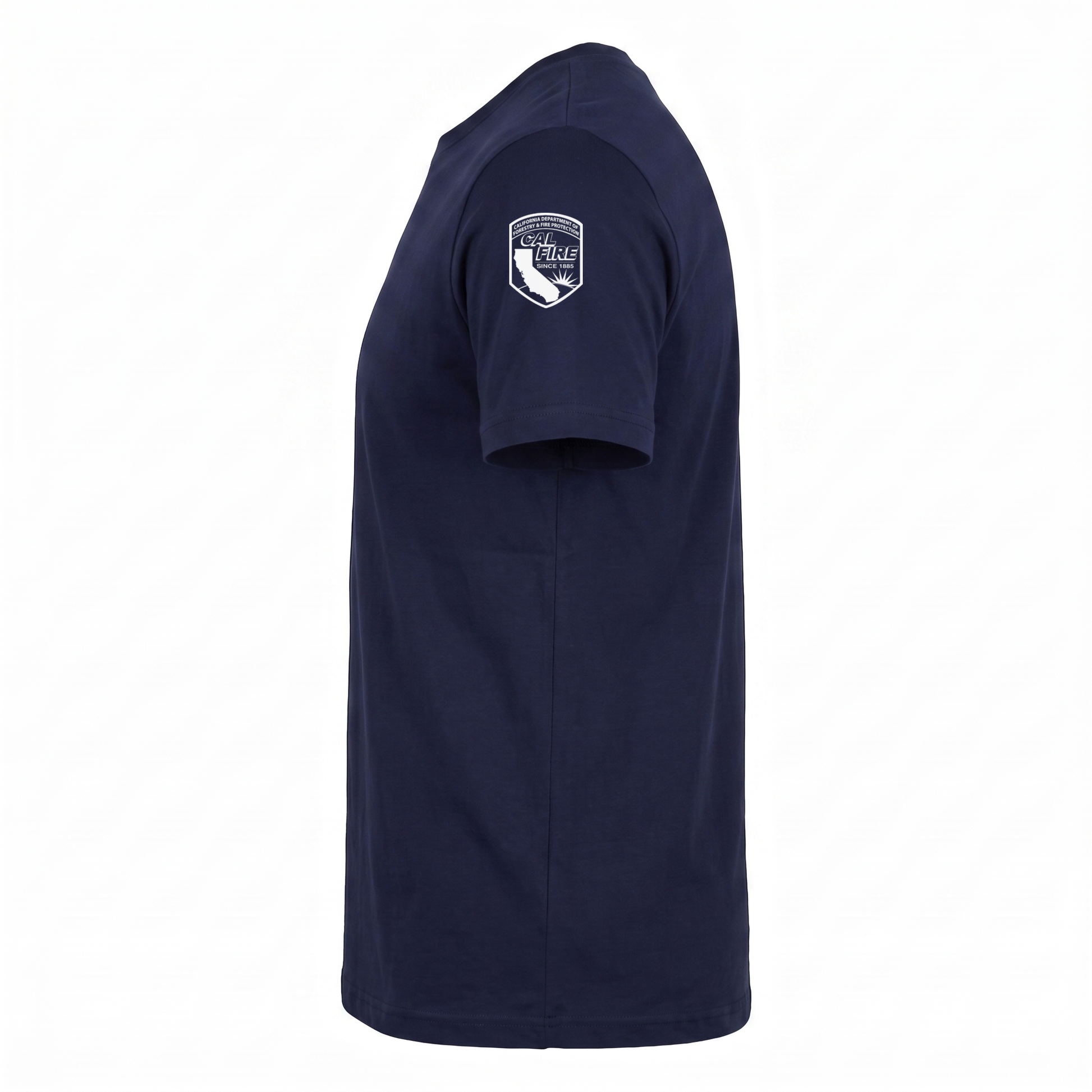 Side profile of the navy DFND flame-resistant short-sleeve CAL FIRE Law Enforcement shirt showing the CAL FIRE shield printed on the shoulder