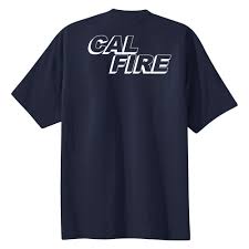 Back of the navy Pro Club heavyweight CAL FIRE t-shirt with the large white CAL FIRE italic wordmark across the upper back.