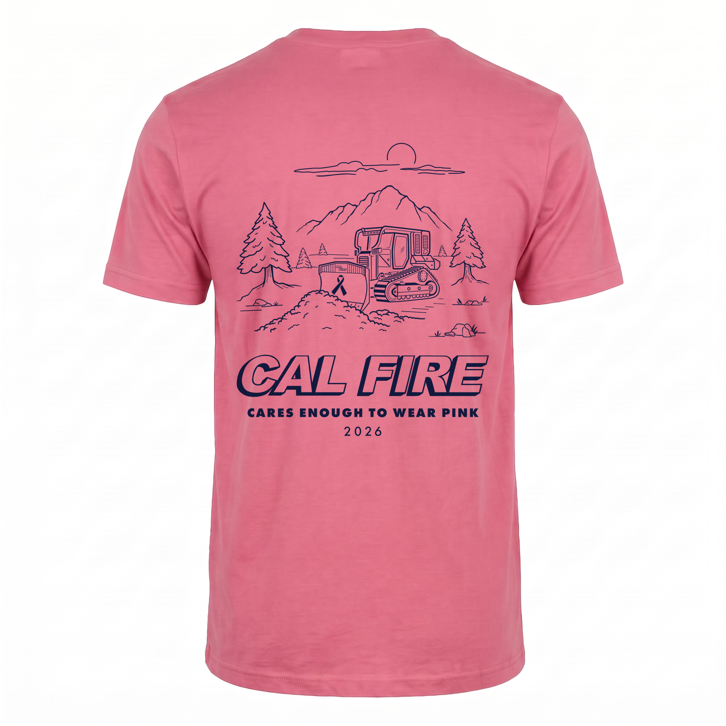 CAL FIRE Cares Awareness Pink tee, back view with the navy CAL FIRE Cares Enough to Wear Pink 2026 dozer design