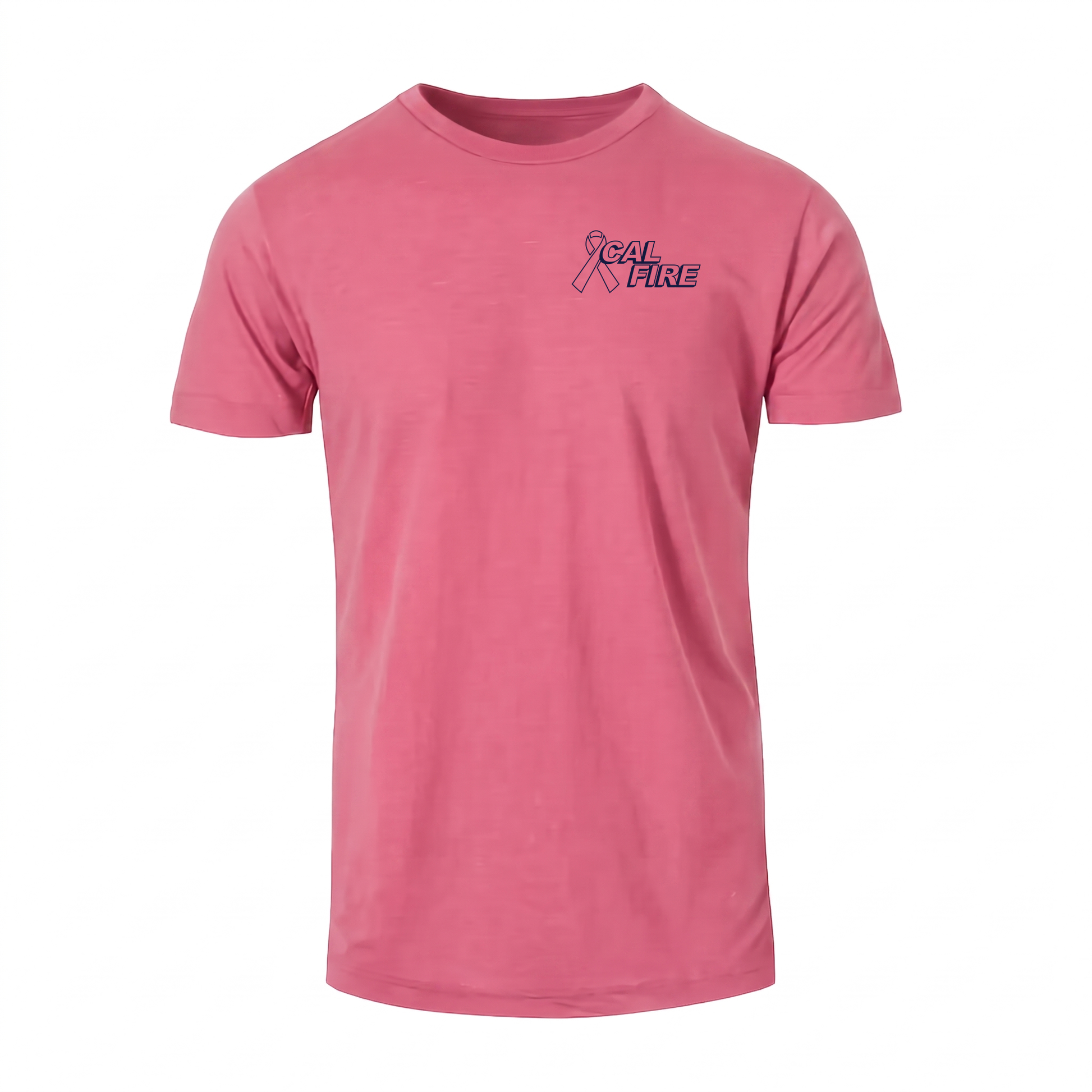 CAL FIRE Cares Awareness Pink 100% cotton tee, front view with the navy CAL FIRE ribbon logo on the left chest