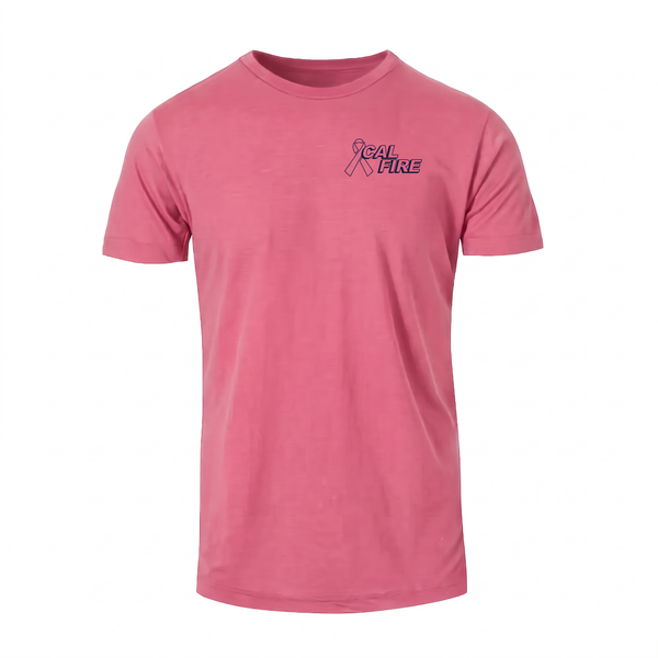 CAL FIRE Cares Awareness Pink 100% cotton tee, front view with the navy CAL FIRE ribbon logo on the left chest