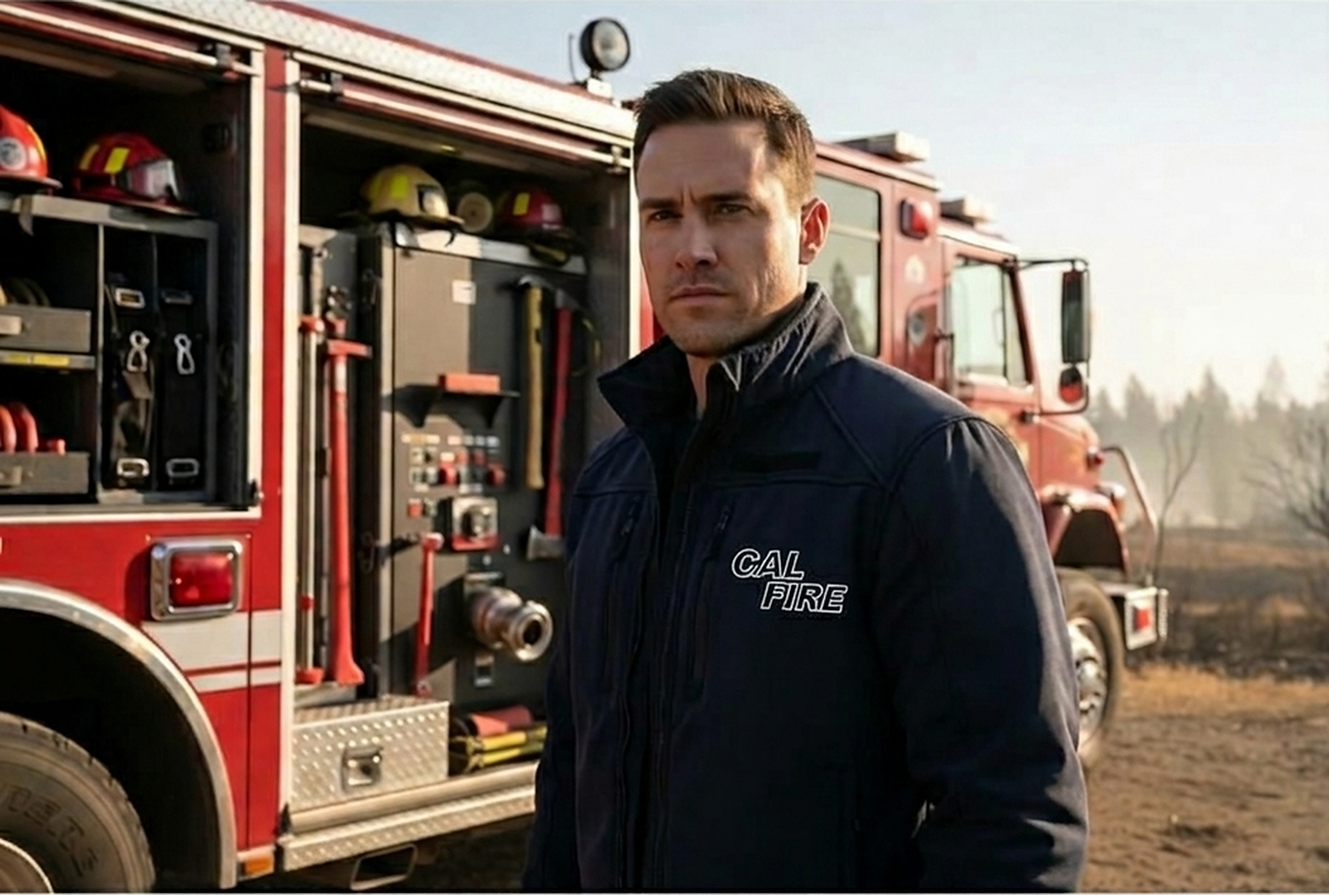 Firefighter wearing the navy CAL FIRE Flying Cross DutyGuard softshell jacket with the white-outline CAL FIRE wordmark on the left chest.