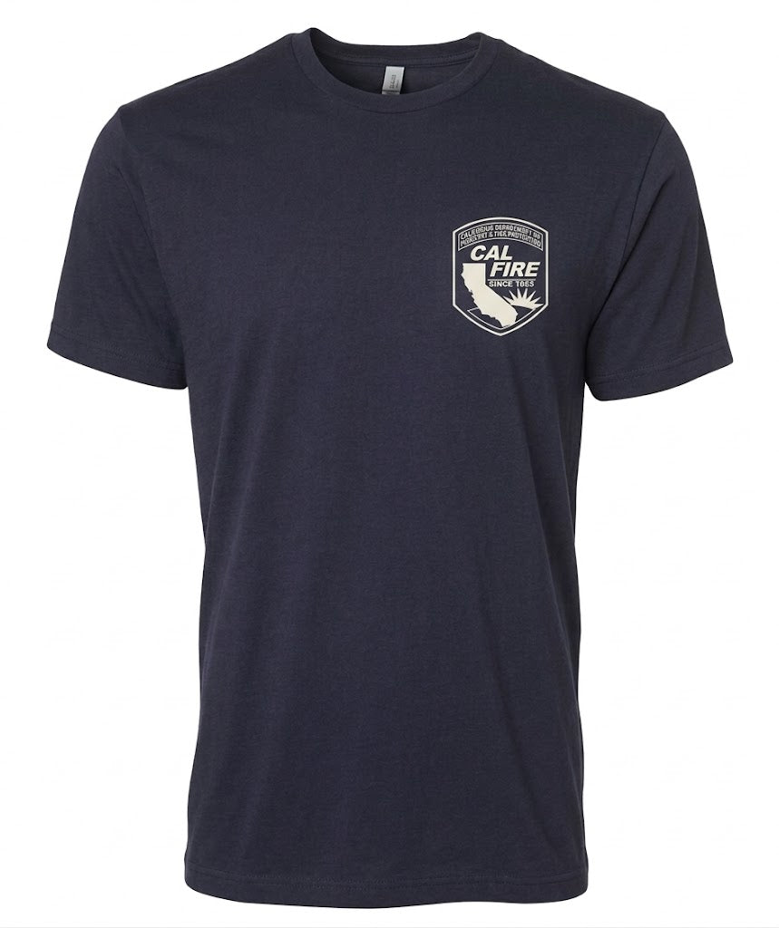 Navy Independent lightweight CAL FIRE t-shirt, front view with the official CAL FIRE arrowhead shield crest on the left chest — California Department of Forestry & Fire Protection, CAL FIRE wordmark, state outline with sunrise, Since 1885.
