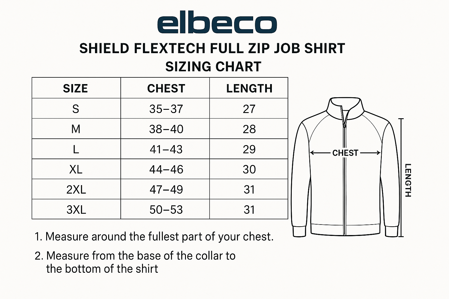 Elbeco Shield FlexTech Full Zip Size Chart