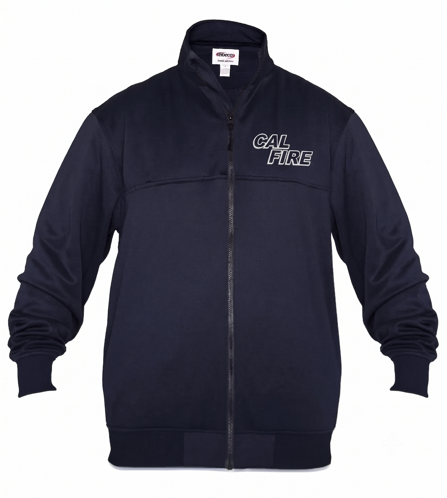 Navy Elbeco full-zip job shirt, flat front shot with the white-outline CAL FIRE wordmark on the left chest.