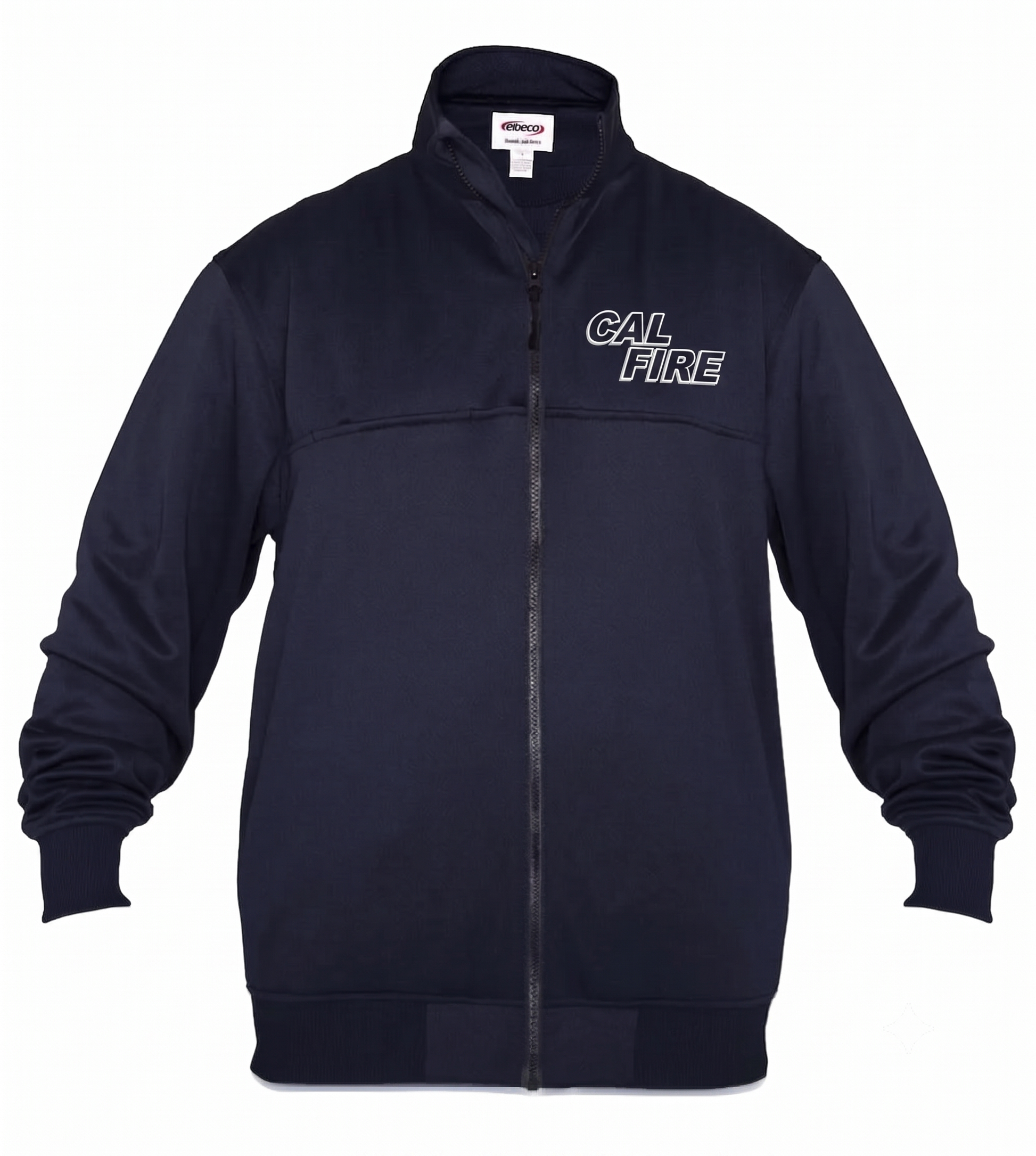 Navy Elbeco full-zip job shirt, flat front shot with the white-outline CAL FIRE wordmark on the left chest.