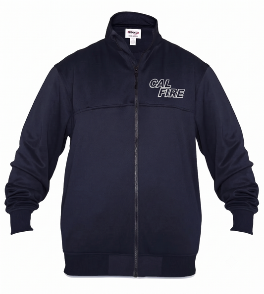 Navy Elbeco full-zip job shirt, flat front shot with the white-outline CAL FIRE wordmark on the left chest.