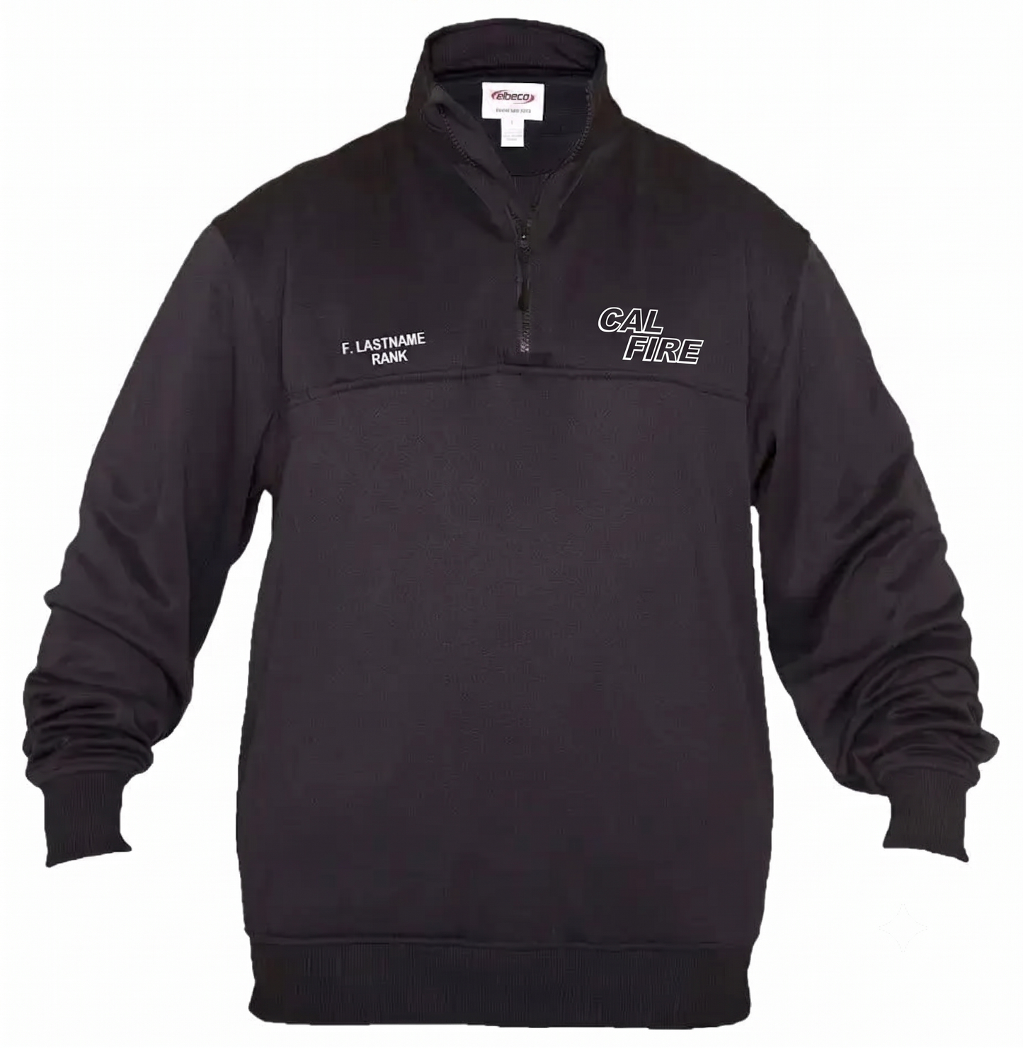 Navy Elbeco quarter-zip job shirt with the white-outline CAL FIRE wordmark on the right chest and name/rank embroidery placeholder on the left.