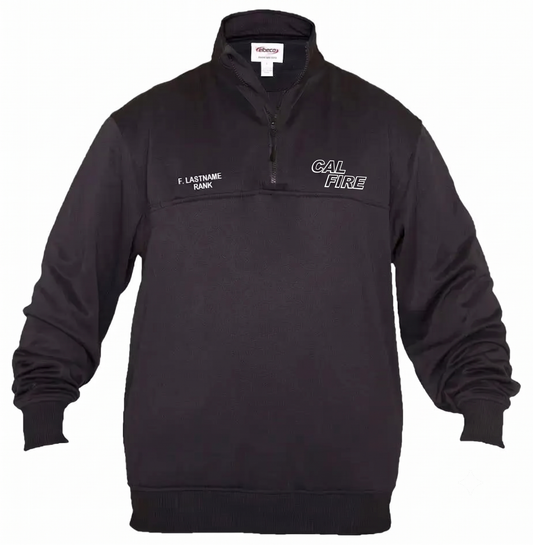 Navy Elbeco quarter-zip job shirt with the white-outline CAL FIRE wordmark on the right chest and name/rank embroidery placeholder on the left.