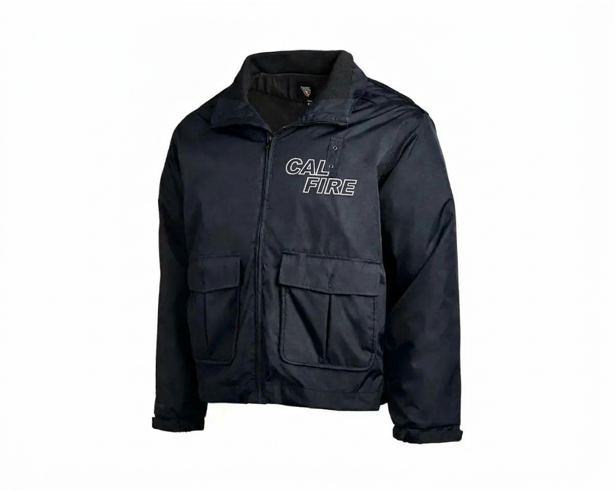 Navy CAL FIRE Flying Cross 2-in-1 duty jacket, front view with the white-outline CAL FIRE wordmark on the left chest.