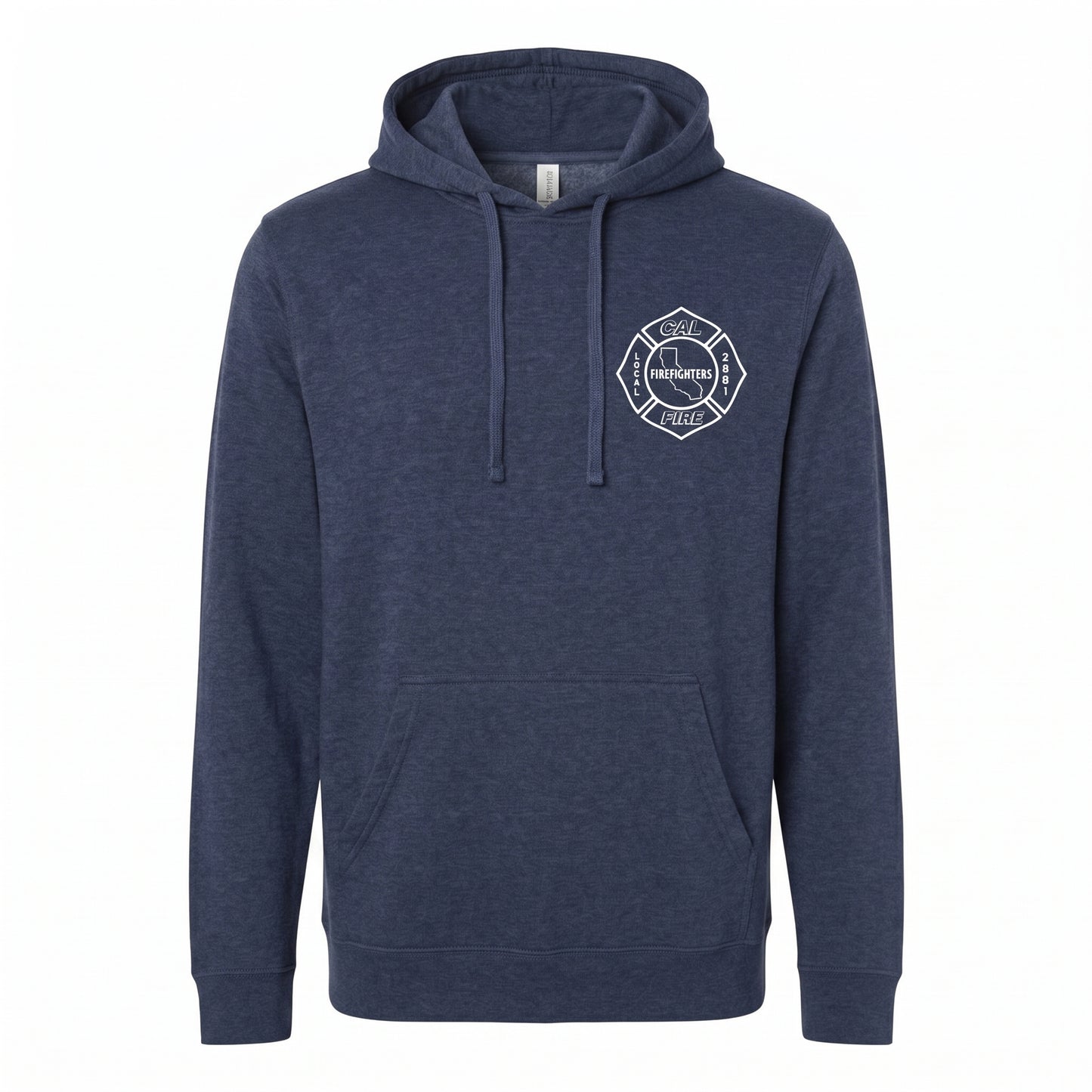 CAL FIRE Featherweight Hooded Pullover in navy heather, front view, white Firefighters Local 2881 maltese-cross chest logo.
