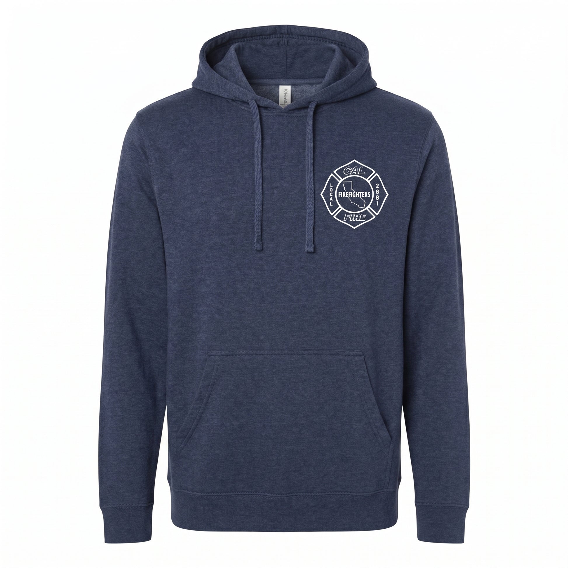 CAL FIRE Featherweight Hooded Pullover in navy heather, front view, white Firefighters Local 2881 maltese-cross chest logo.