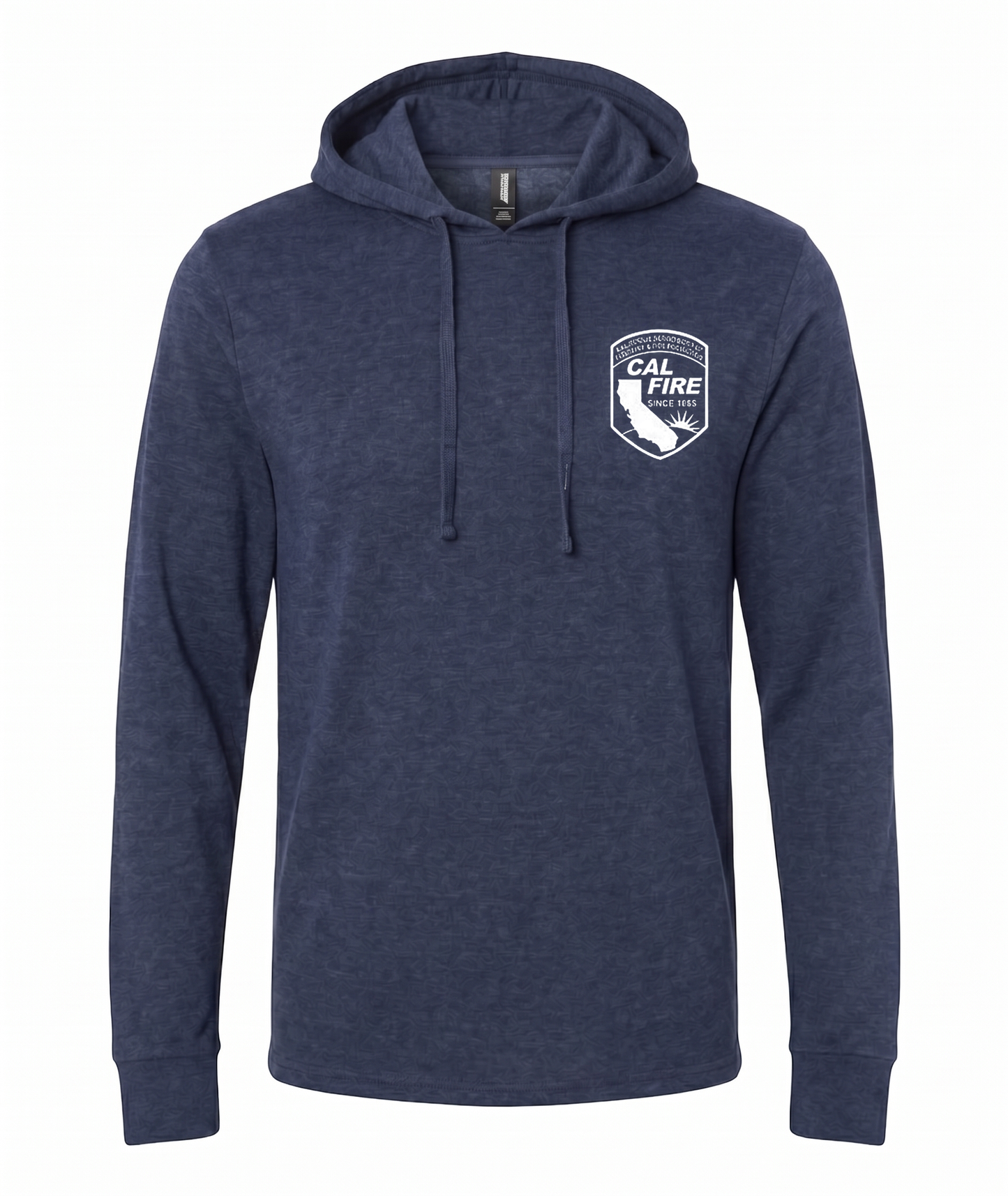 CAL FIRE Featherweight Hooded Pullover in navy heather, front view, white CAL FIRE arrowhead shield crest on the chest.