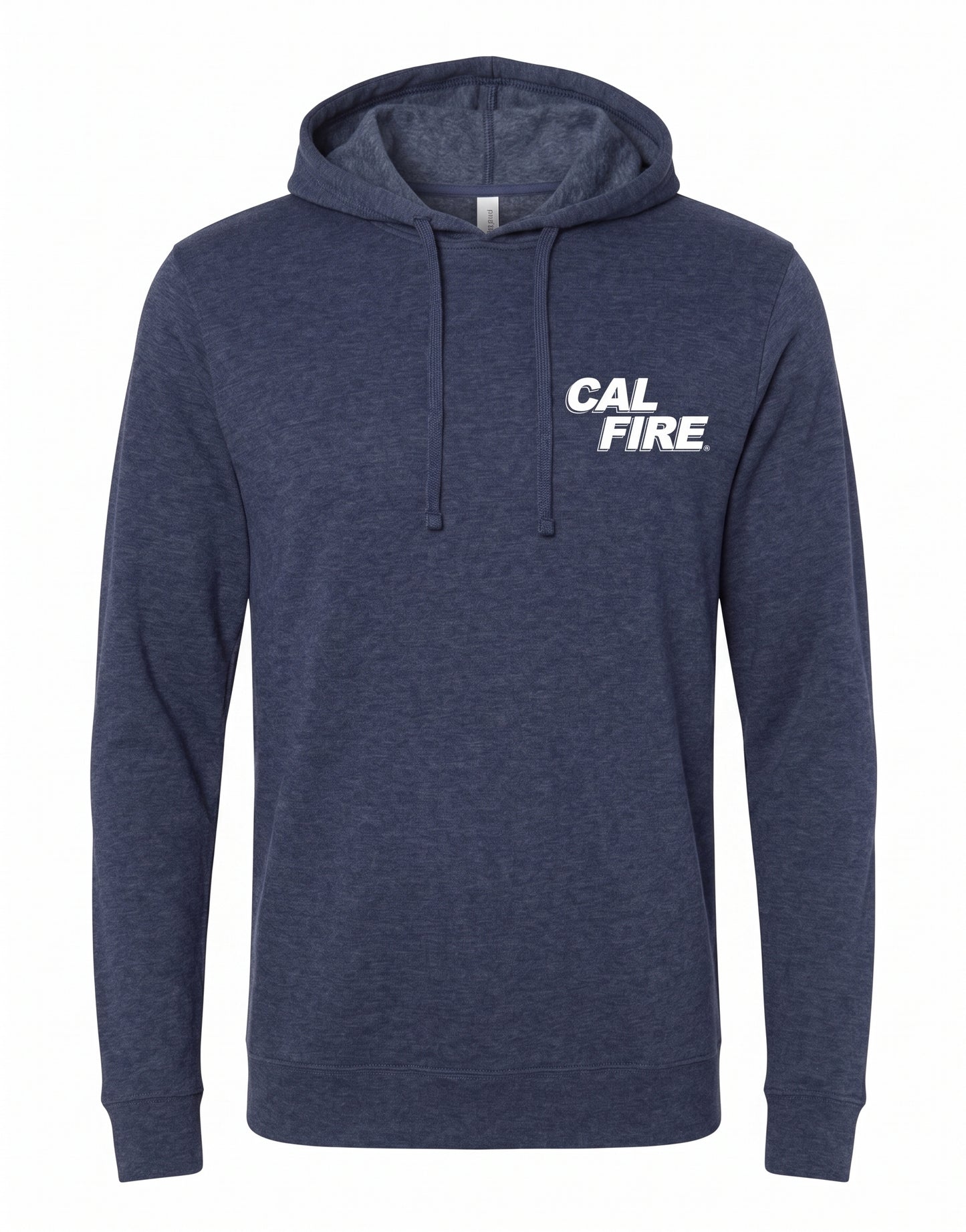 CAL FIRE Featherweight Hooded Pullover by Independent in navy heather, front view, white CAL FIRE chest wordmark.