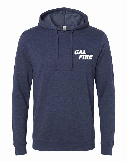 CAL FIRE Featherweight Hooded Pullover by Independent in navy heather, front view, white CAL FIRE chest wordmark.
