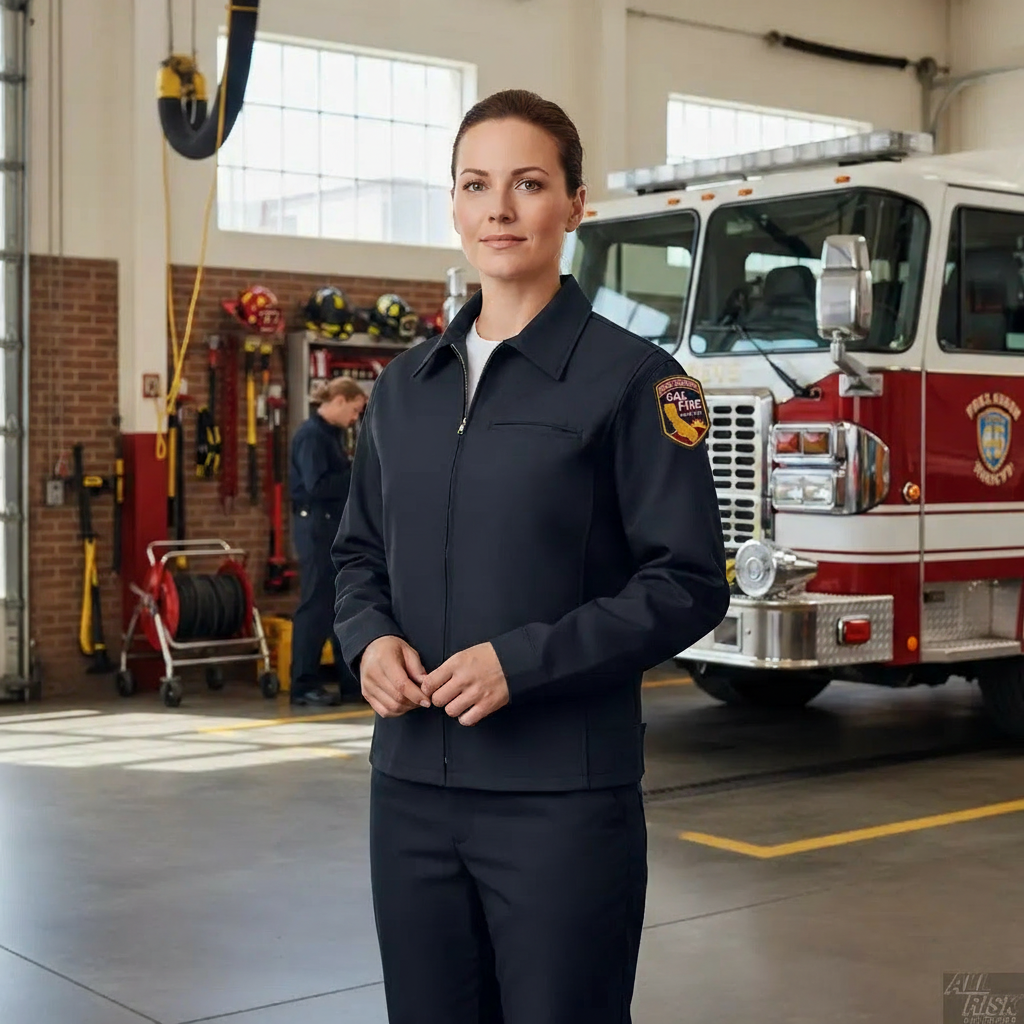 Firefighter at station with correct CAL FIRE patches