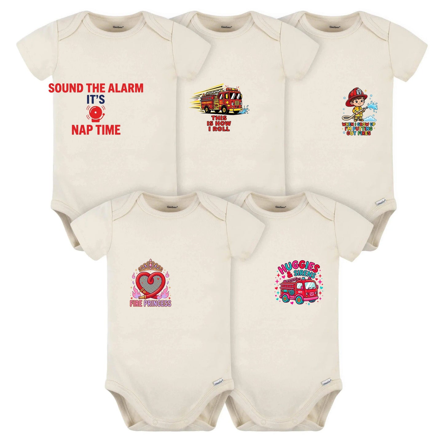 Firefighter Baby Onesie 5-pack with fire-themed designs