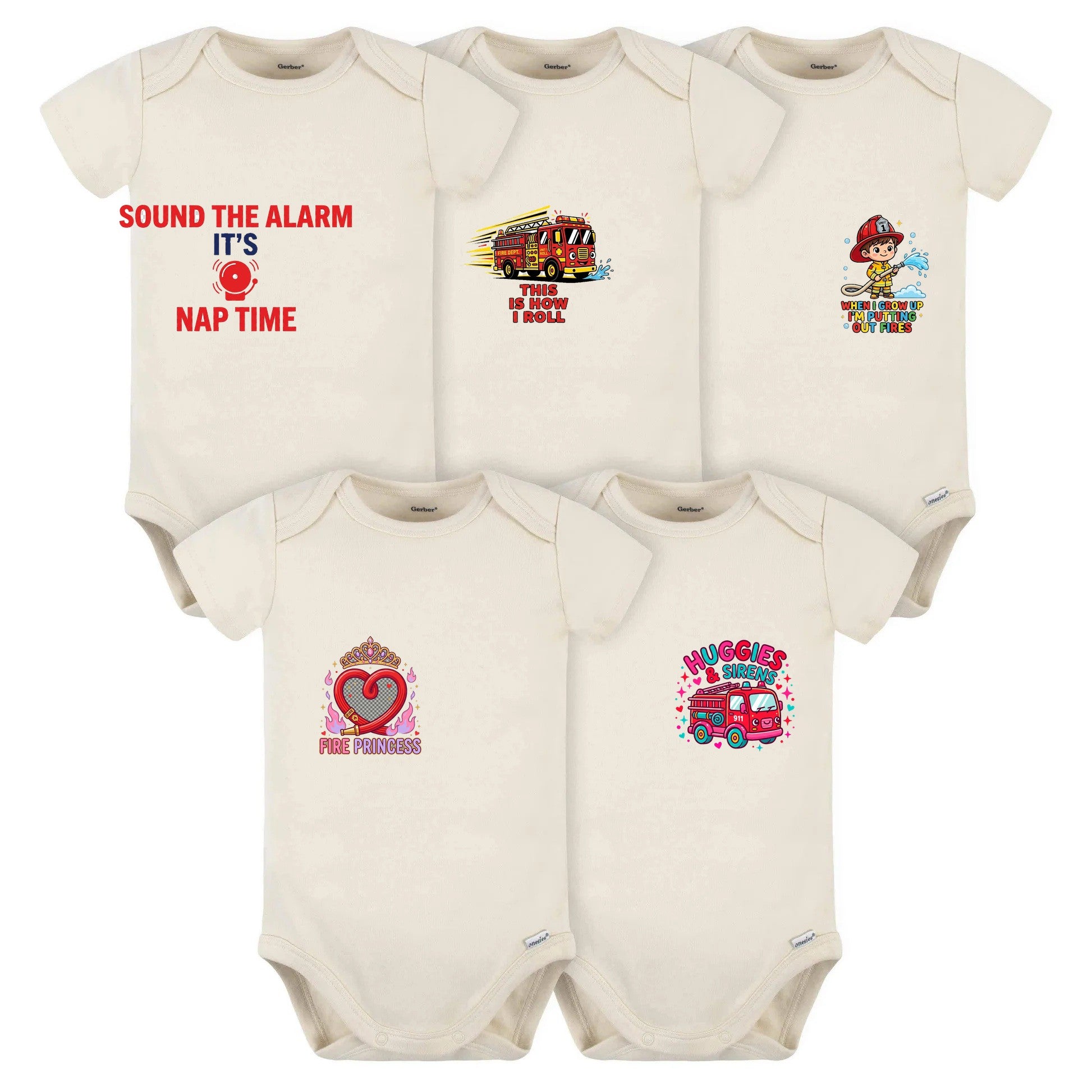 Firefighter Baby Onesie 5-pack with fire-themed designs