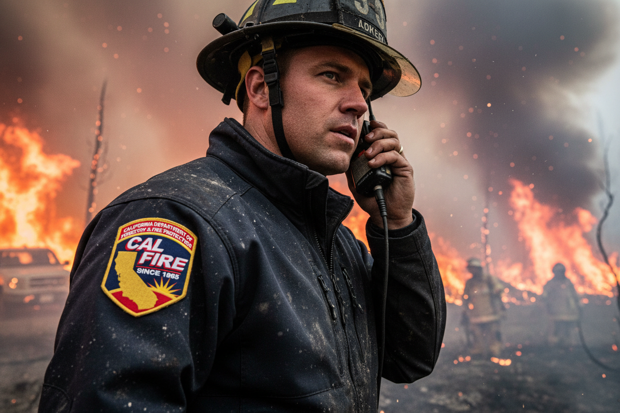 Firefighter in action at wildfire scene