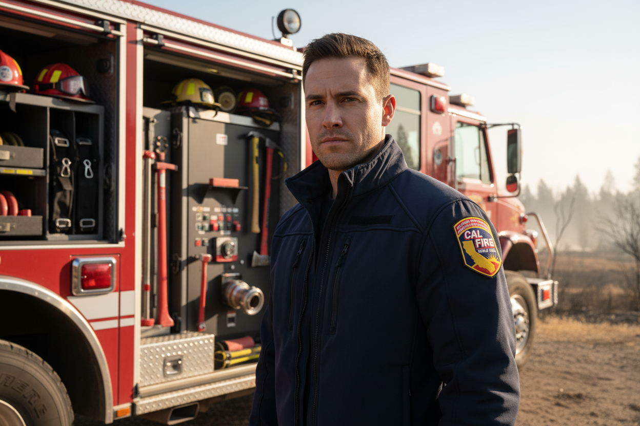 Firefighter with fire engine