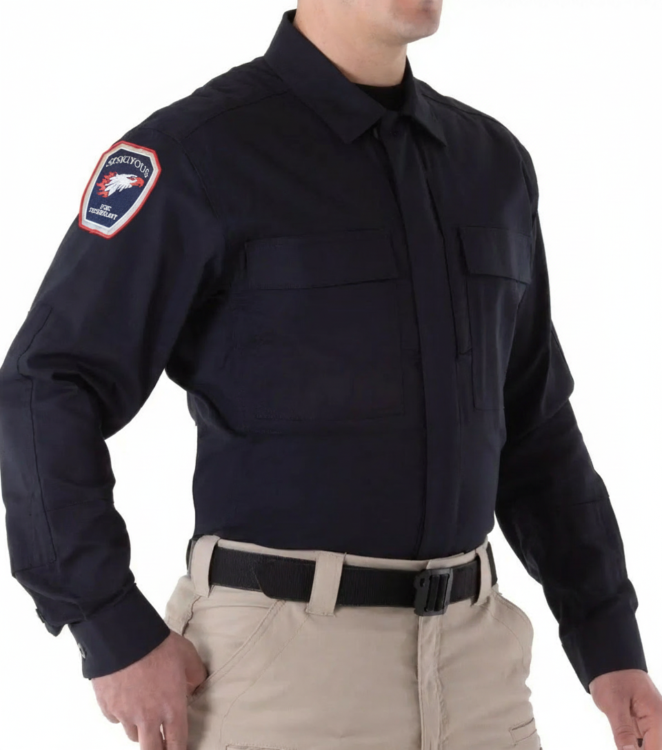 First Tactical long sleeve shirt worn with Siskiyous Fire Technology shoulder patches - side angle