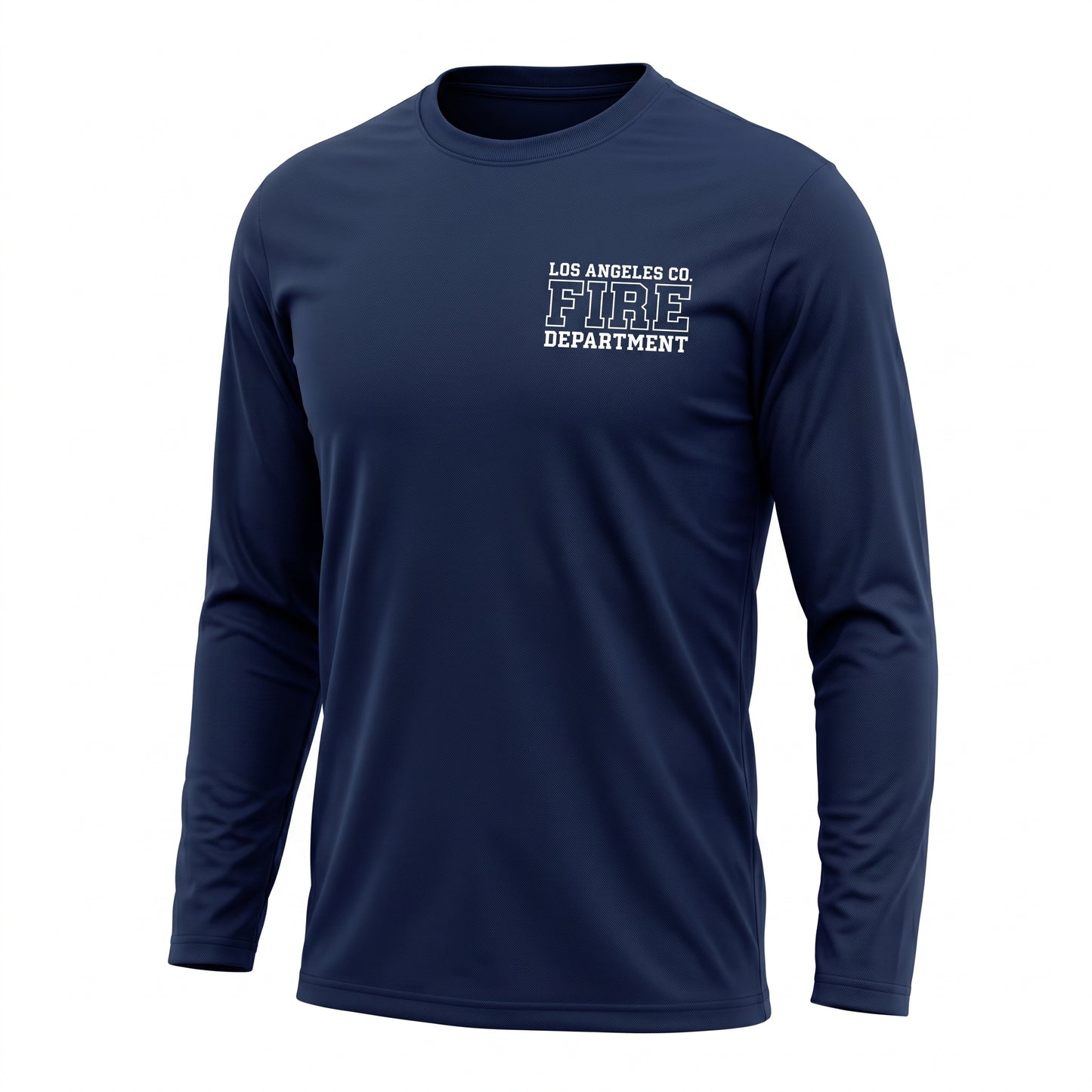 Los Angeles County Fire Department First Tactical men's long sleeve navy shirt, three-quarter angle view
