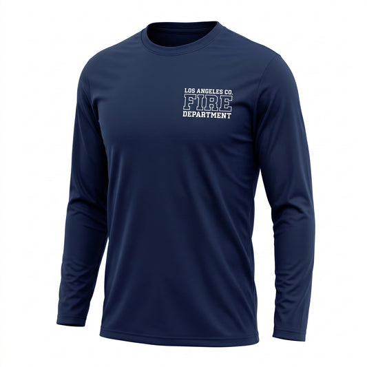 Los Angeles County Fire Department First Tactical men's long sleeve navy shirt, three-quarter angle view