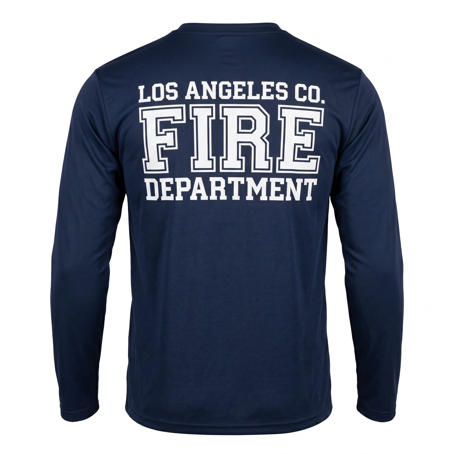 Los Angeles County Fire Department First Tactical men's long sleeve navy shirt, back view with large LACoFD logo across the shoulders