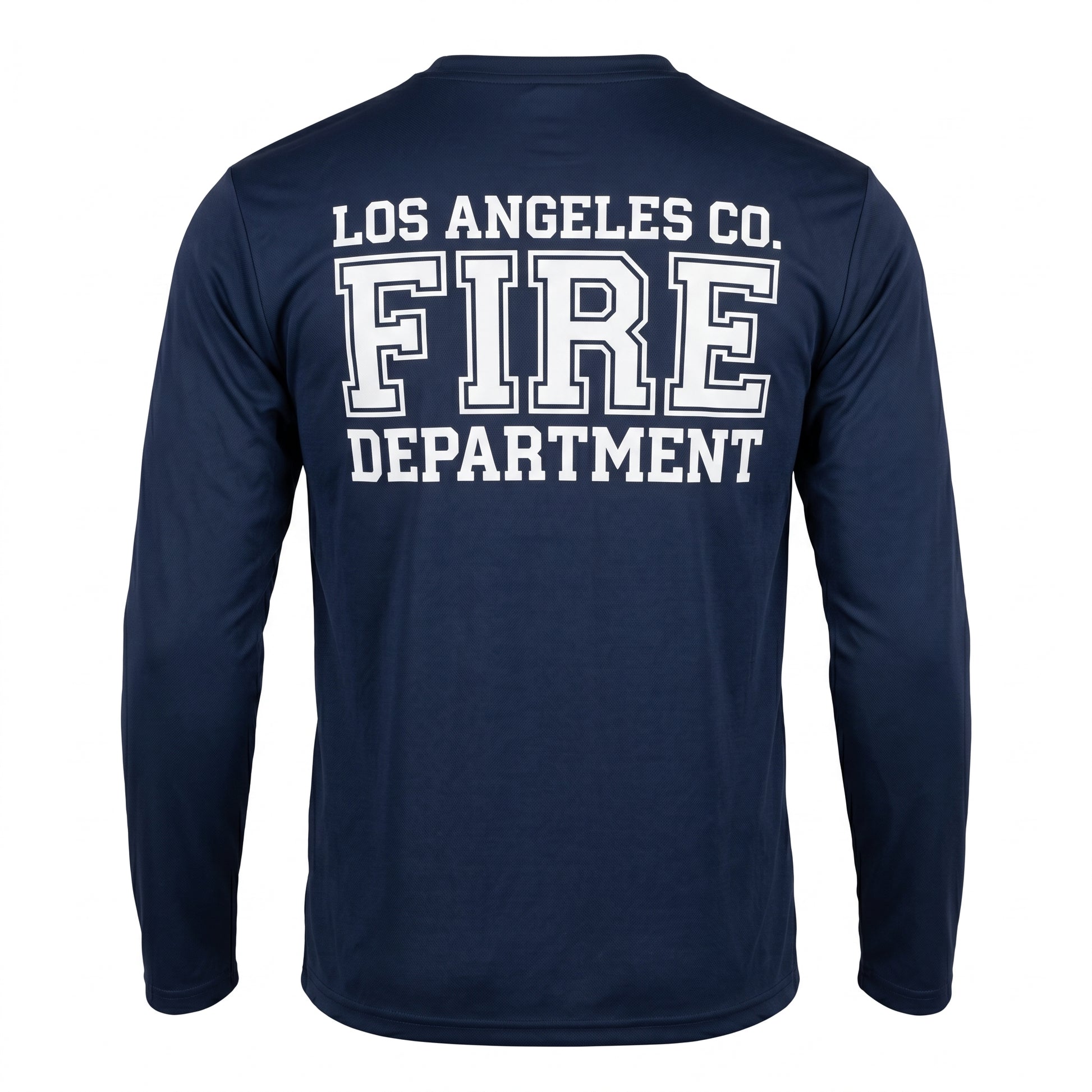 Los Angeles County Fire Department First Tactical men's long sleeve navy shirt, back view with large LACoFD logo across the shoulders