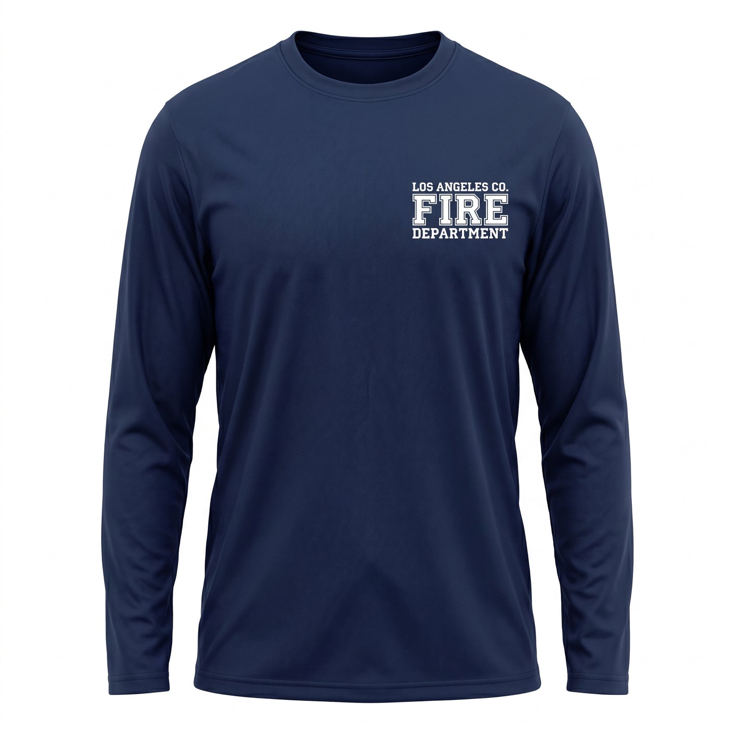 Los Angeles County Fire Department First Tactical men's long sleeve navy shirt, front view with left chest LACoFD logo