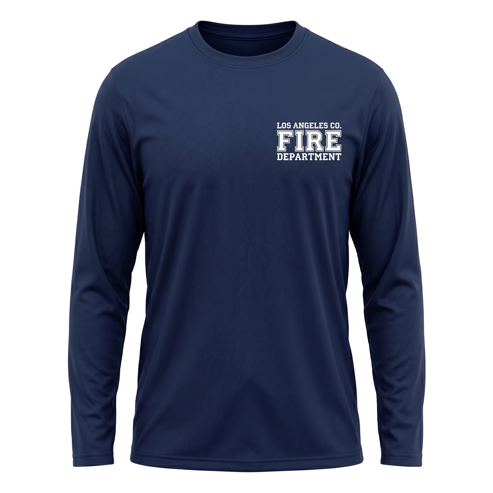 Los Angeles County Fire Department First Tactical men's long sleeve navy shirt, front view with left chest LACoFD logo