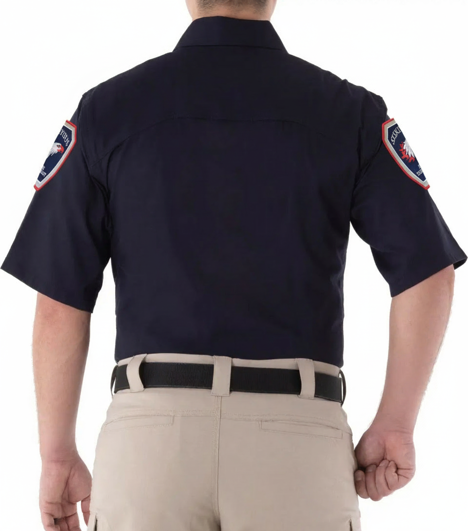 First Tactical shirt worn with Siskiyous Fire Technology shoulder patches - alternate angle