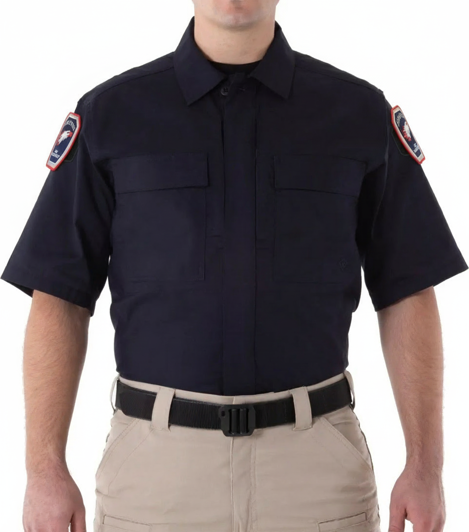 First Tactical shirt worn with Siskiyous Fire Technology shoulder patches - front angle
