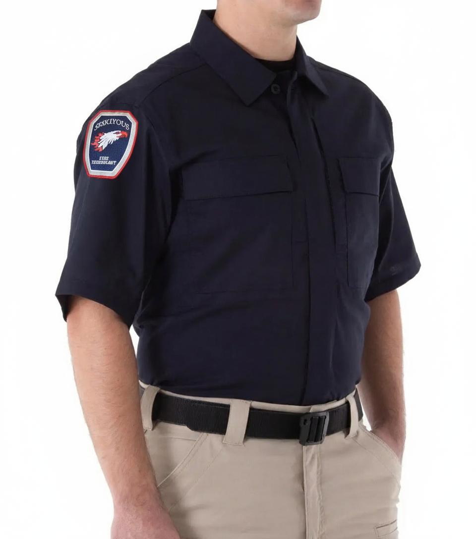 First Tactical shirt worn with Siskiyous Fire Technology shoulder patches - side angle