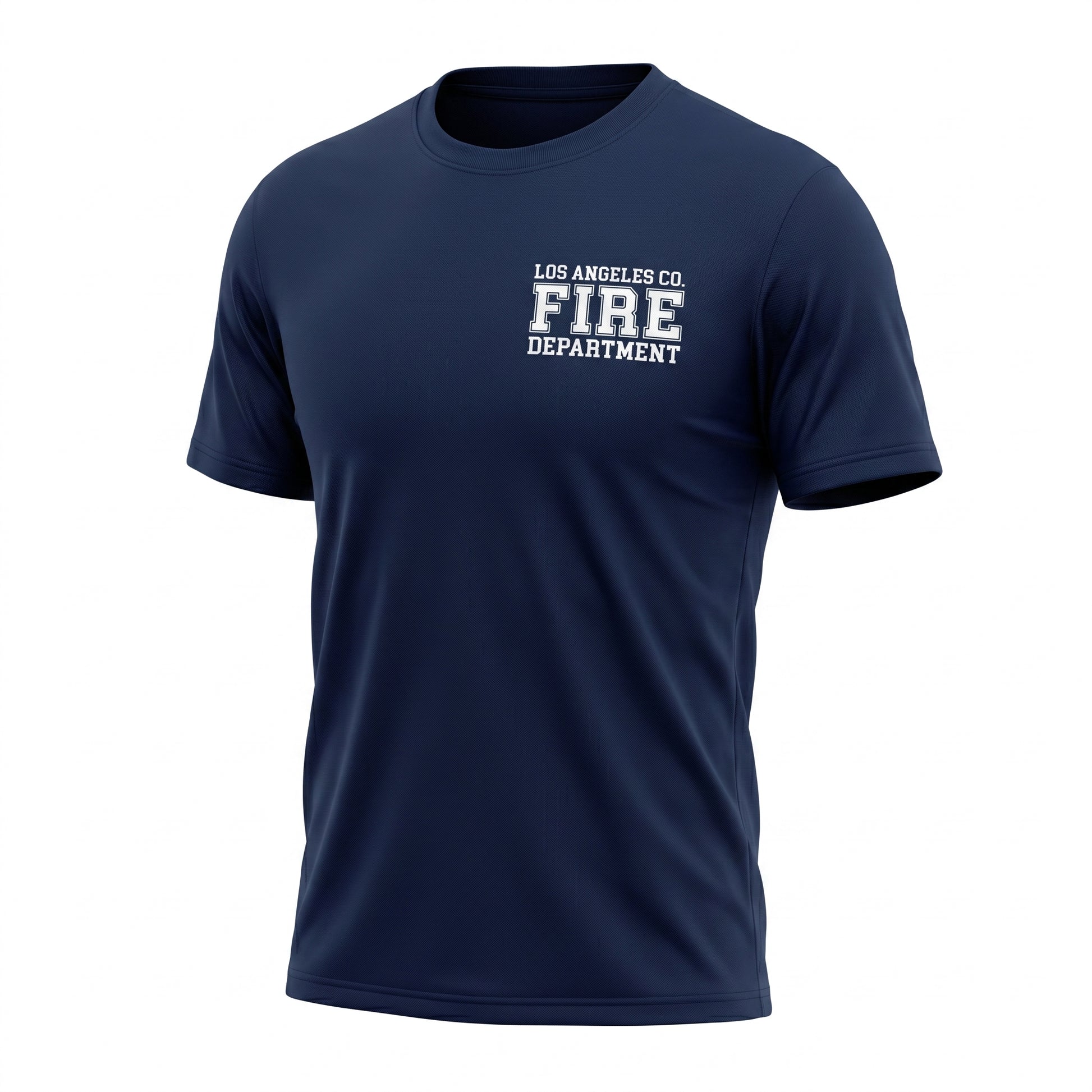 Los Angeles County Fire Department First Tactical men's short sleeve navy shirt, three-quarter angle view