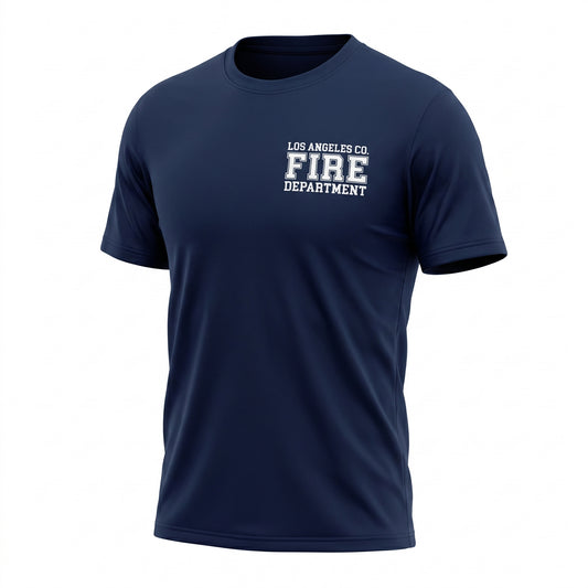 Los Angeles County Fire Department First Tactical men's short sleeve navy shirt, three-quarter angle view