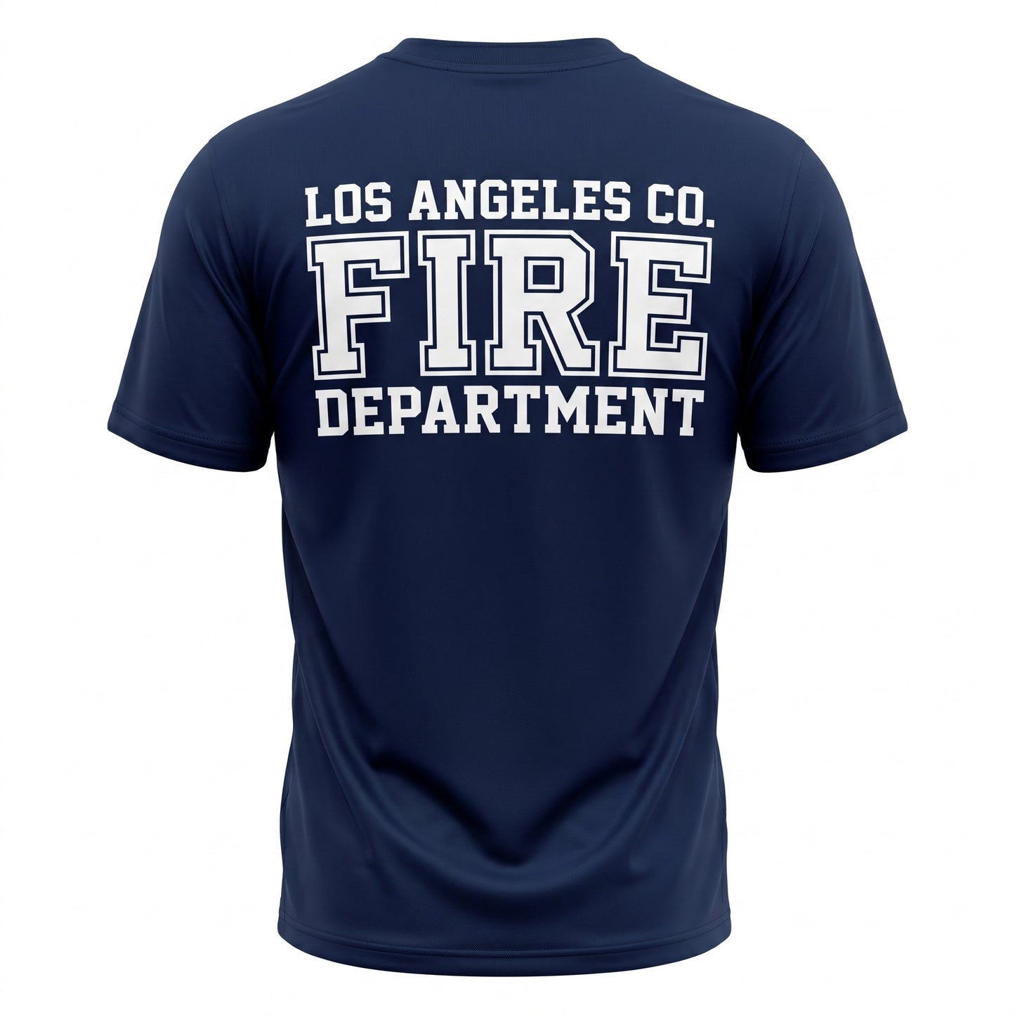 Los Angeles County Fire Department First Tactical men's short sleeve navy shirt, back view with large LACoFD logo across the shoulders
