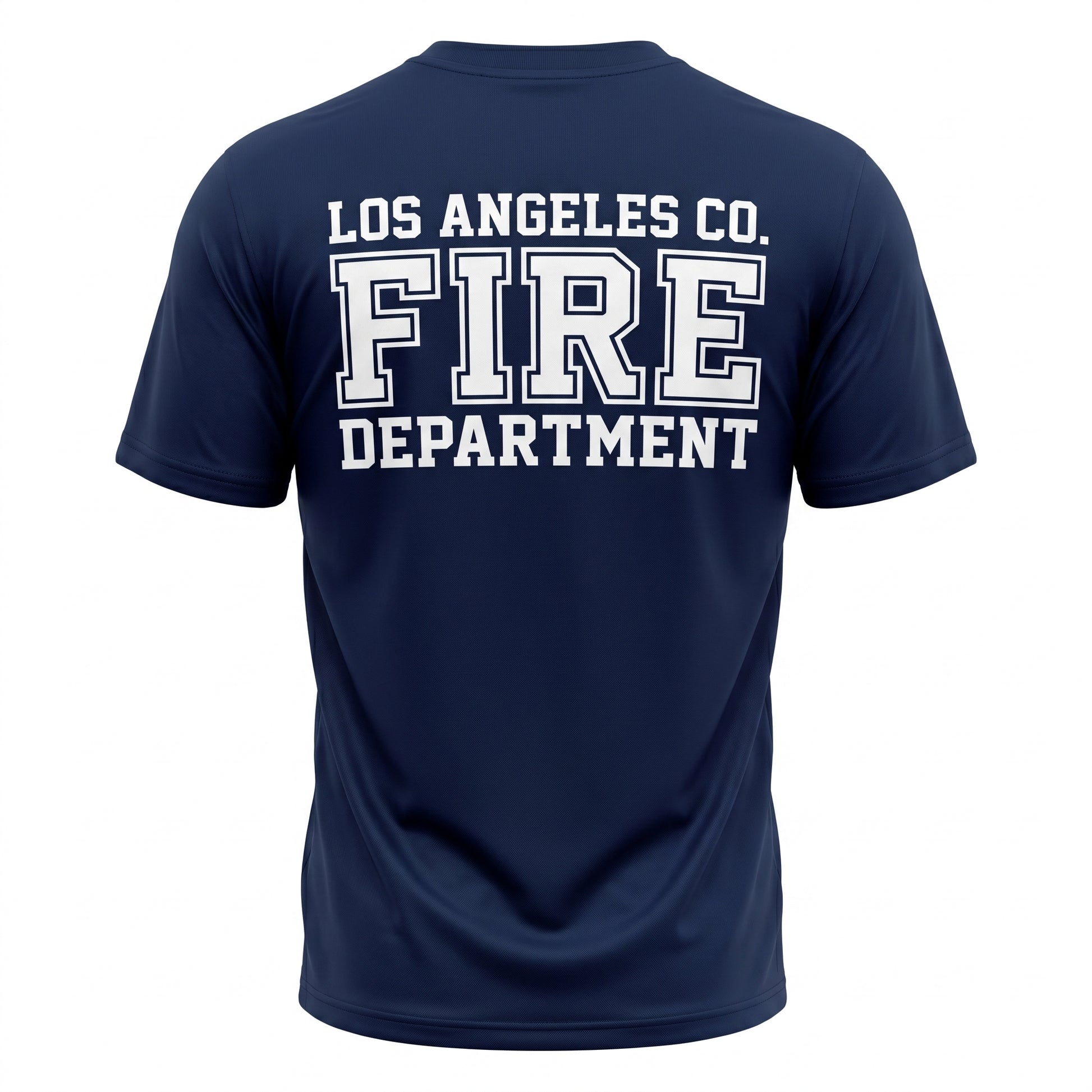 Los Angeles County Fire Department First Tactical men's short sleeve navy shirt, back view with large LACoFD logo across the shoulders