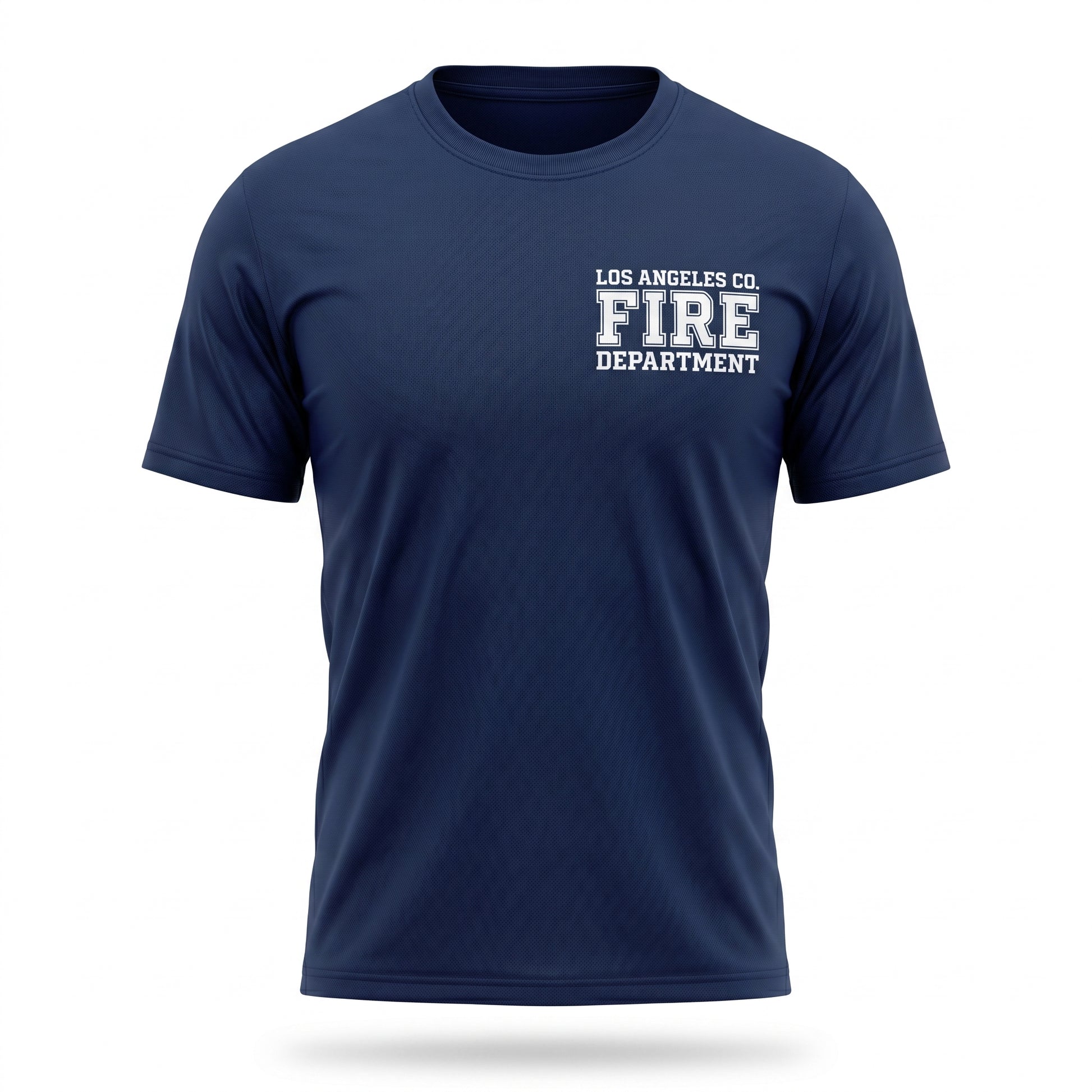 Los Angeles County Fire Department First Tactical men's short sleeve navy shirt, front view with left chest LACoFD logo