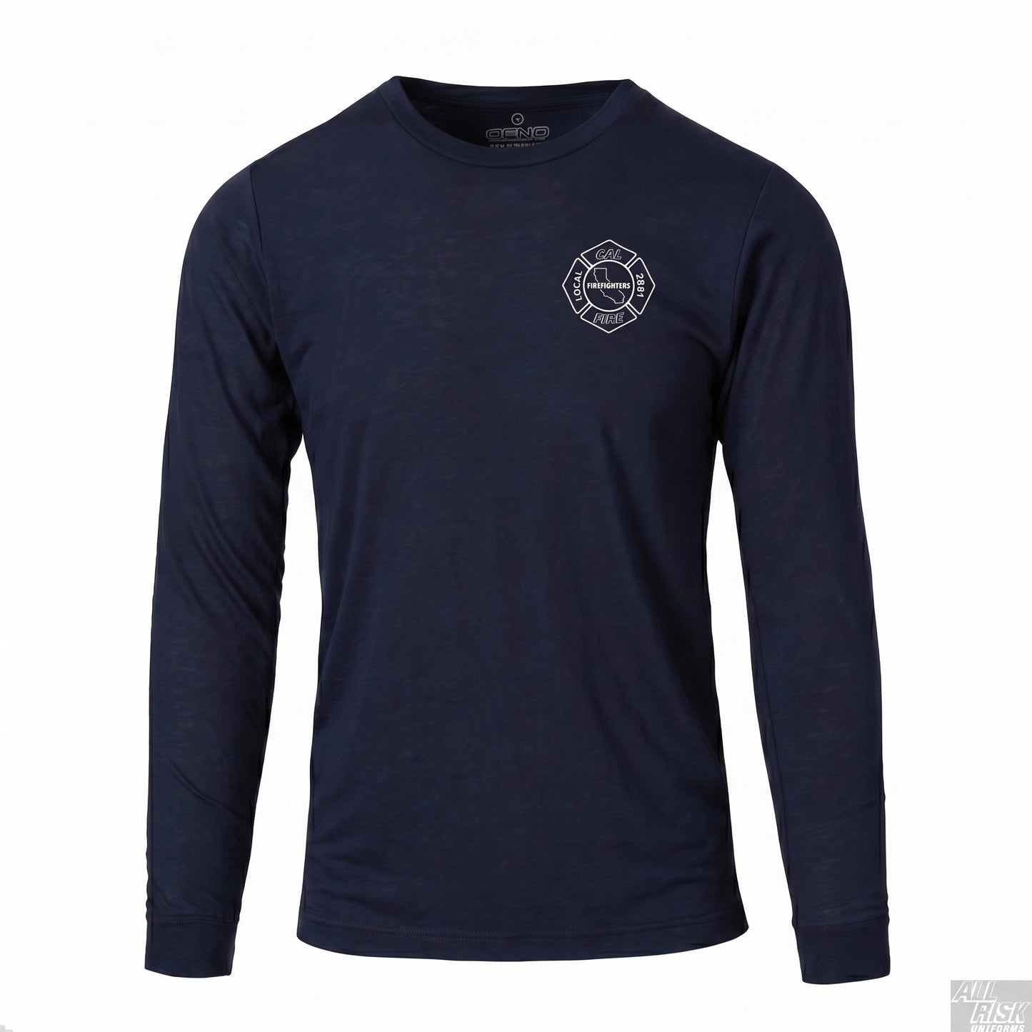 DFND-brand CAL FIRE men's athletic-cut long-sleeve duty shirt in navy — front view with the white maltese-cross firefighter shield (CAL FIRE / FIREFIGHTERS LOCAL 2881 / California state outline) on the left chest. DFND label visible at the inside neck.