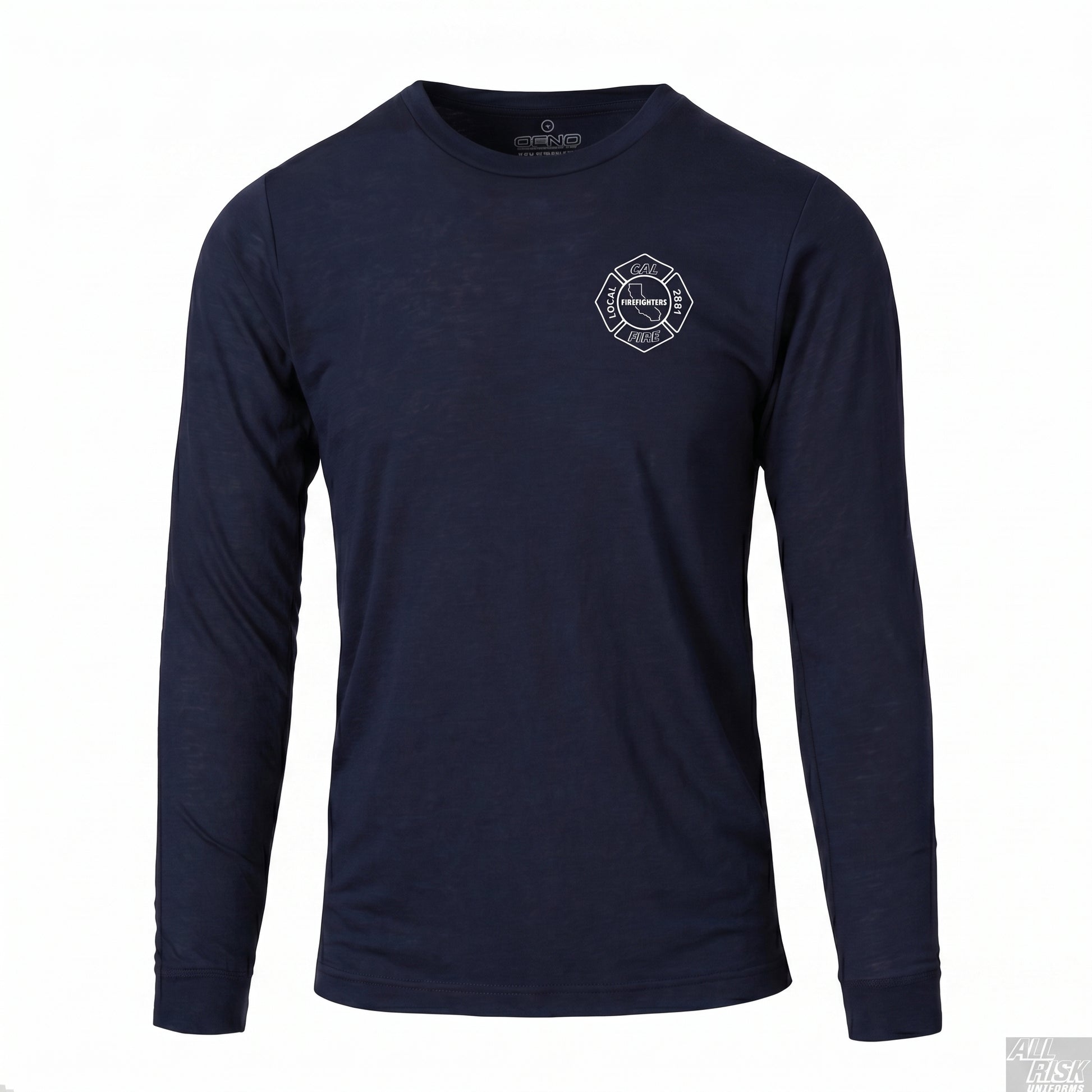 DFND-brand CAL FIRE men's athletic-cut long-sleeve duty shirt in navy — front view with the white maltese-cross firefighter shield (CAL FIRE / FIREFIGHTERS LOCAL 2881 / California state outline) on the left chest. DFND label visible at the inside neck.