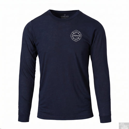 DFND-brand CAL FIRE men's athletic-cut long-sleeve duty shirt in navy — front view with the white maltese-cross firefighter shield (CAL FIRE / FIREFIGHTERS LOCAL 2881 / California state outline) on the left chest. DFND label visible at the inside neck.