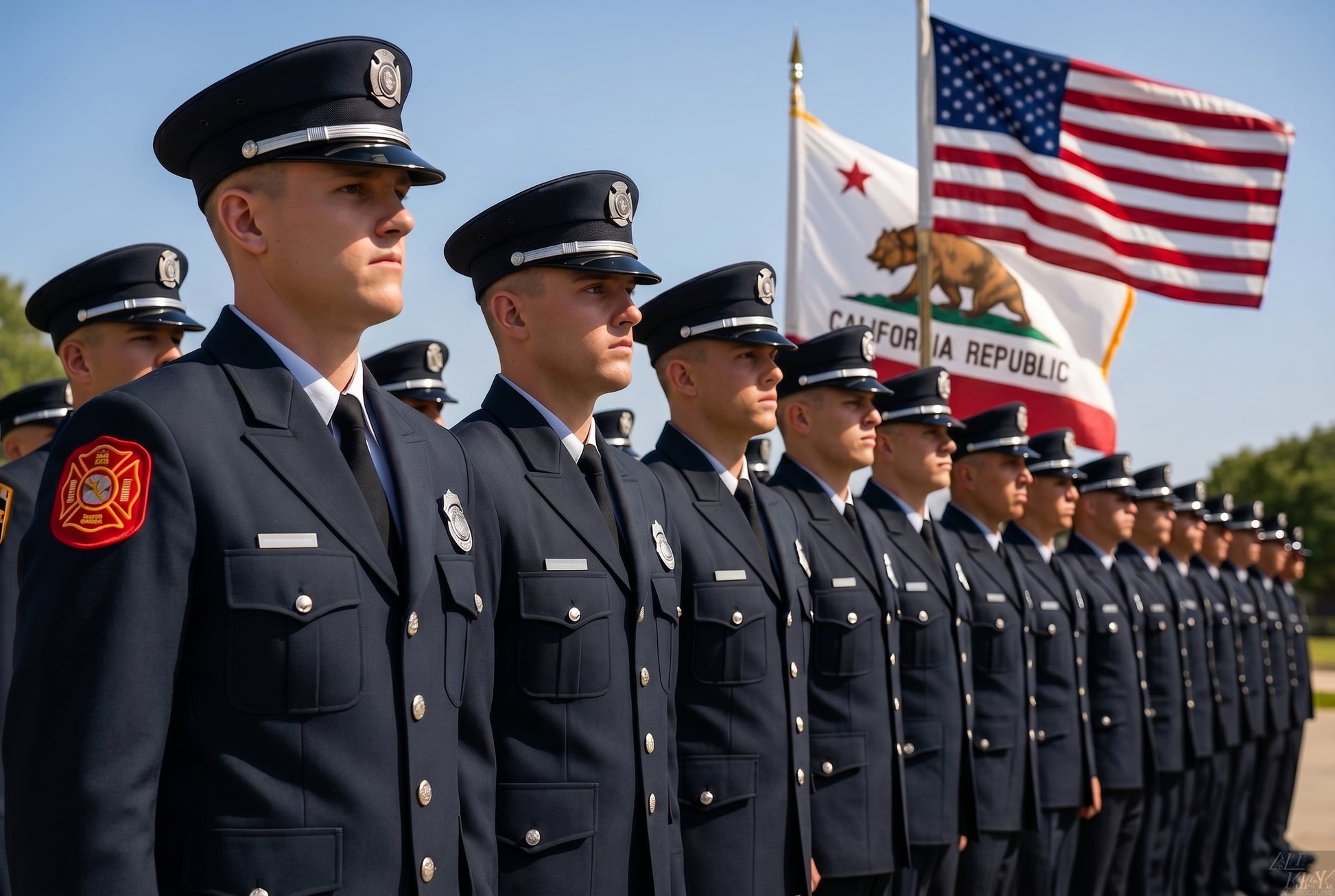 Line of CAL FIRE academy cadets at attention in silver-brass Class A uniforms — black peaked dress caps with silver hat-device, black double-breasted dress jackets with silver buttons and silver breast badges. Front cadet shows the red CAL FIRE shoulder patch. US flag and California Bear flag in background.