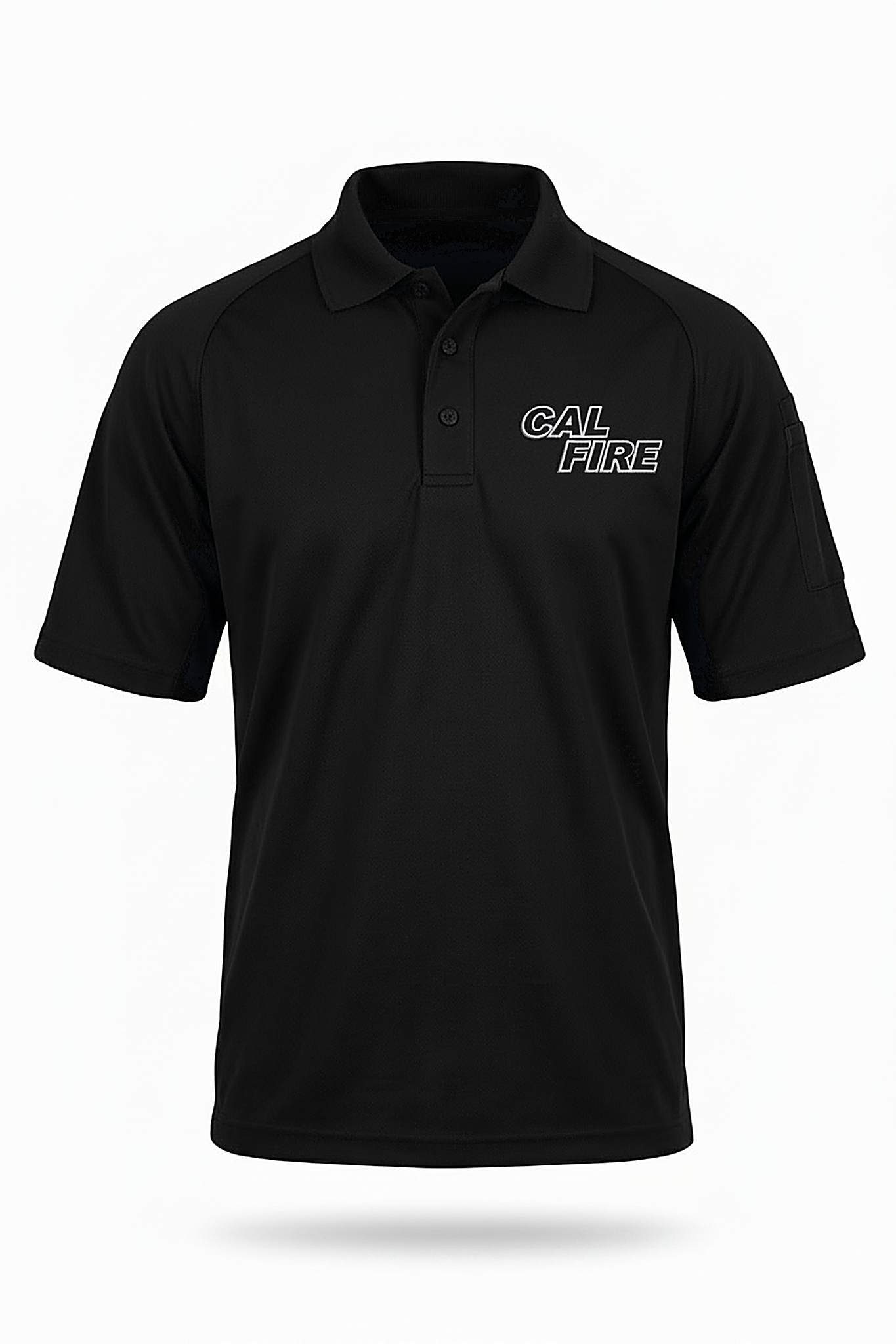 Navy First Tactical performance polo, flat front product shot with a stacked CAL FIRE wordmark in a muted gray outline on the left chest.